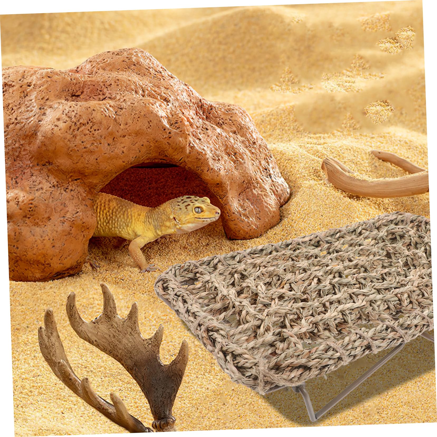 Angoily Reptilienbed Lizard Lounger Mit Stabilem Eisenrahmen Gewebte Strohmatte Schlafplatz Für Eidechsen Und Bartagamen Vielseitiges Haustierzubehör