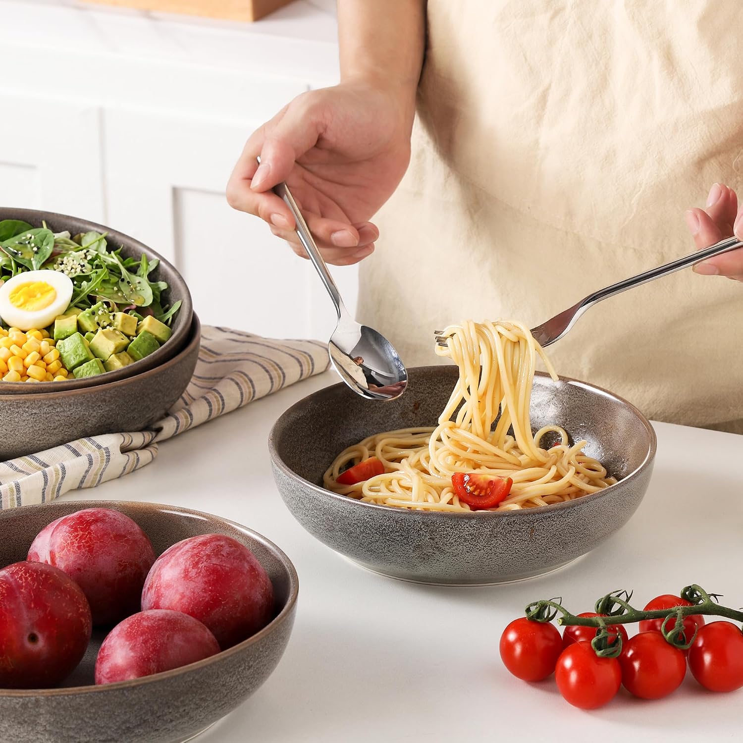 Pasta Bowl set of 4, 30 oz Large Salad Bowls, 8 Inch Ceramic Serving Bowls for Kitchen, Speckled Grey Reactive Glaze, Microwave & Dishwasher Safe, Ideal for Soap, Pasta, Gift for Housewarming
