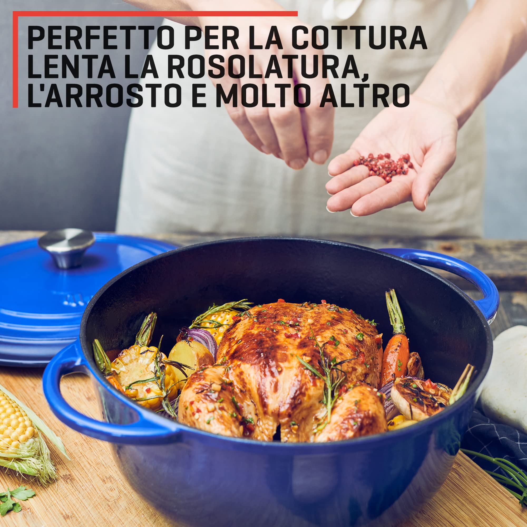 Uno Casa Pentola Forno Olandese in Ghisa Smaltata 5,6 litri Blu con Presine e Sottopentola in Silicone