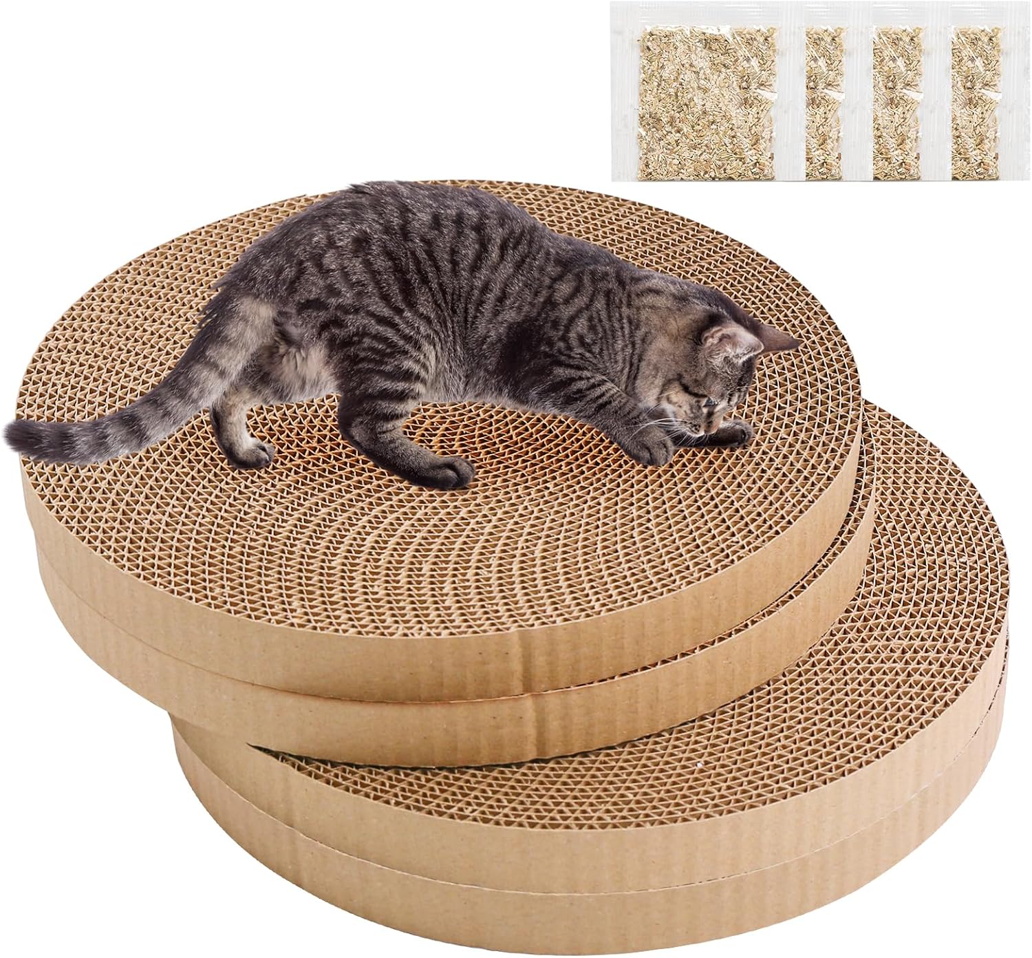 Round Cat Scratcher Replacement Pads -Circle Cat Scratcher Pad Cardboard Cat Scratchers Refill 10 inch Diameter 7/8 inch Thickness Pet Supplies, Relieves Stress, Supports Pet Behaviors, 4 Count