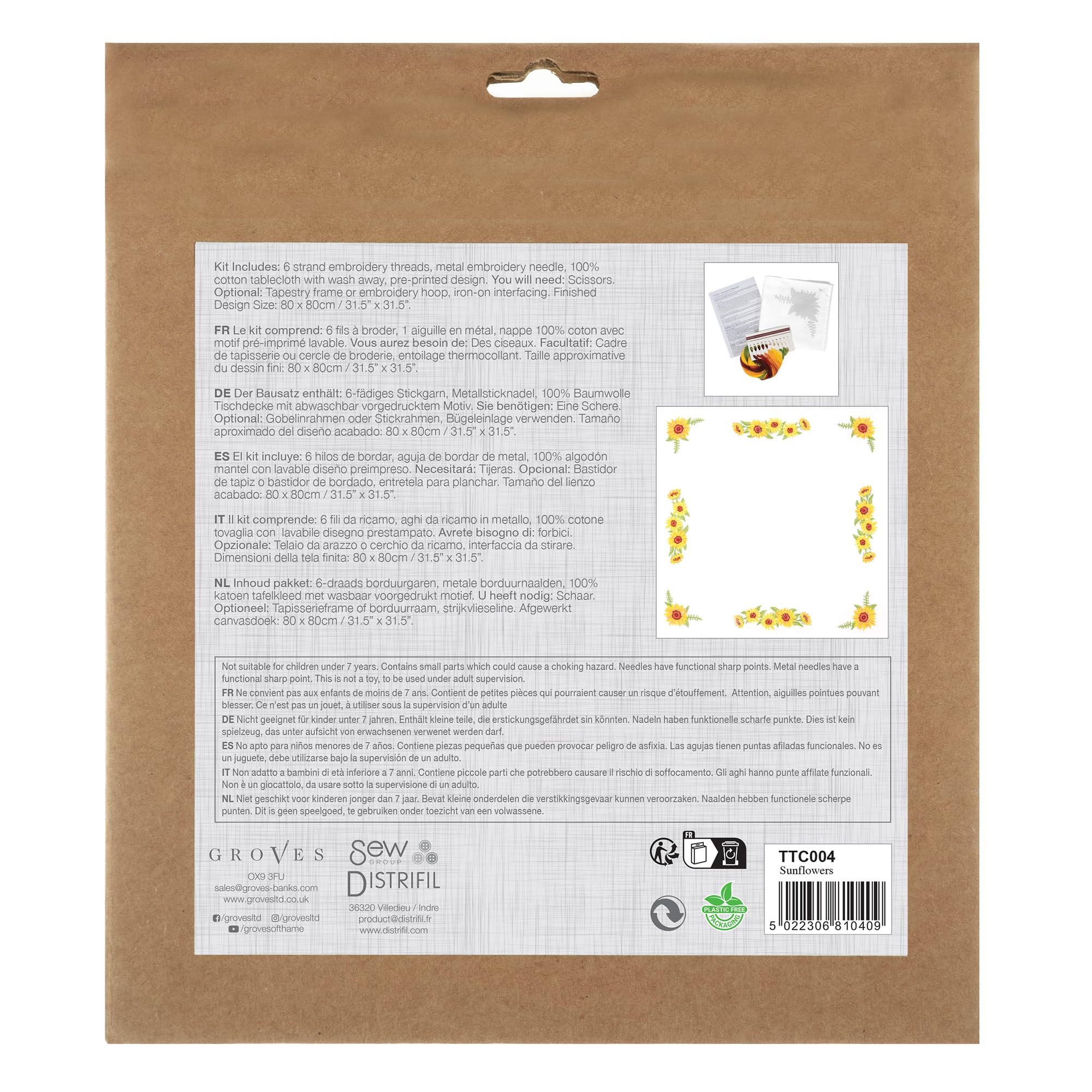 Trimits Kit per punto croce stampato, tovaglia – include tessuto stampato, fili, ago e istruzioni, 80 x 80 cm, girasoli