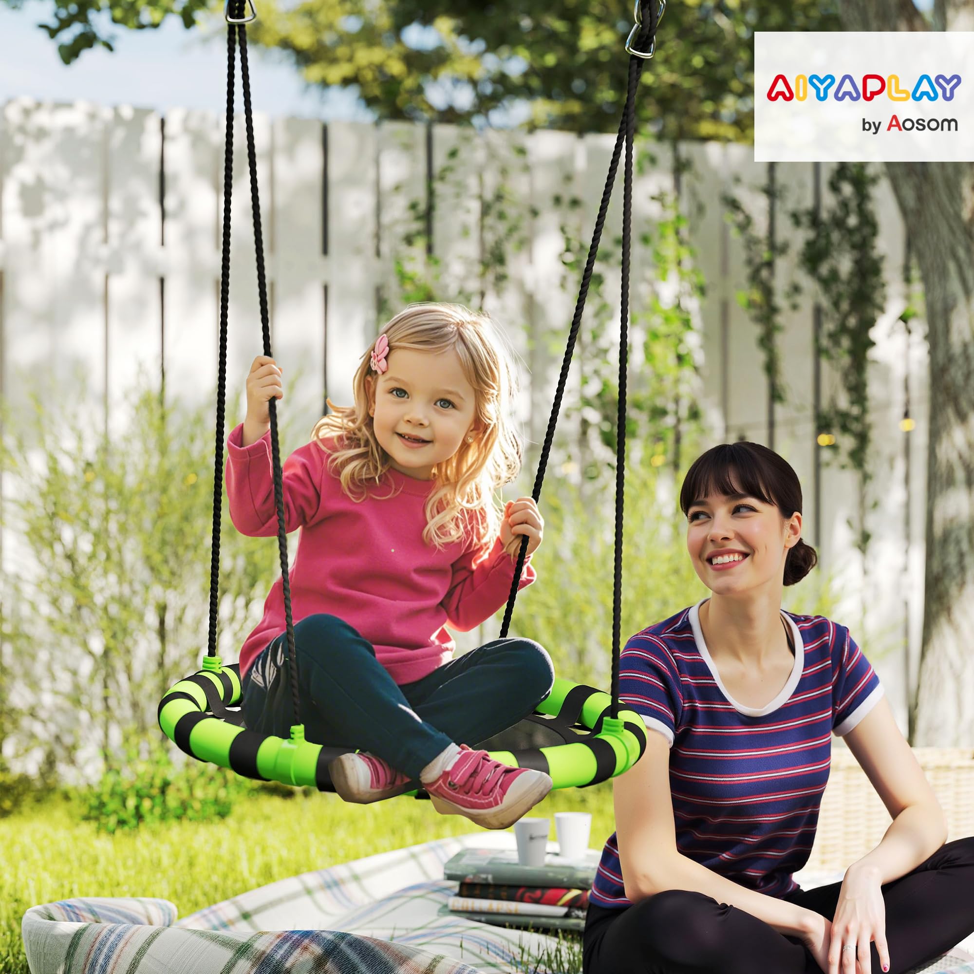 AIYAPLAY Columpio Nido Ajustable en Altura 60cm diámetro Negro/Verde