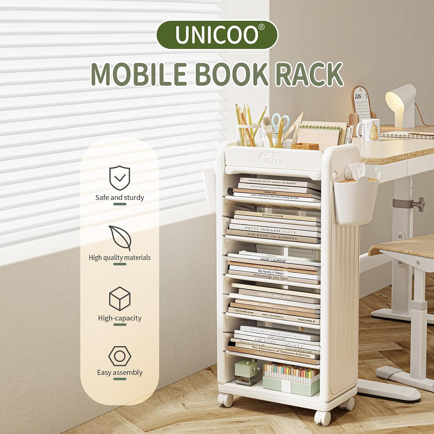 UNICOO® 7 Tier Book Cart | Mobile Bookshelf, Rolling Storage Cart & Mobile Organizer, Lightweight Book Carts with Wheels and Tiered Cart w/Shelving for Home, Office, & Classroom (Cream White)