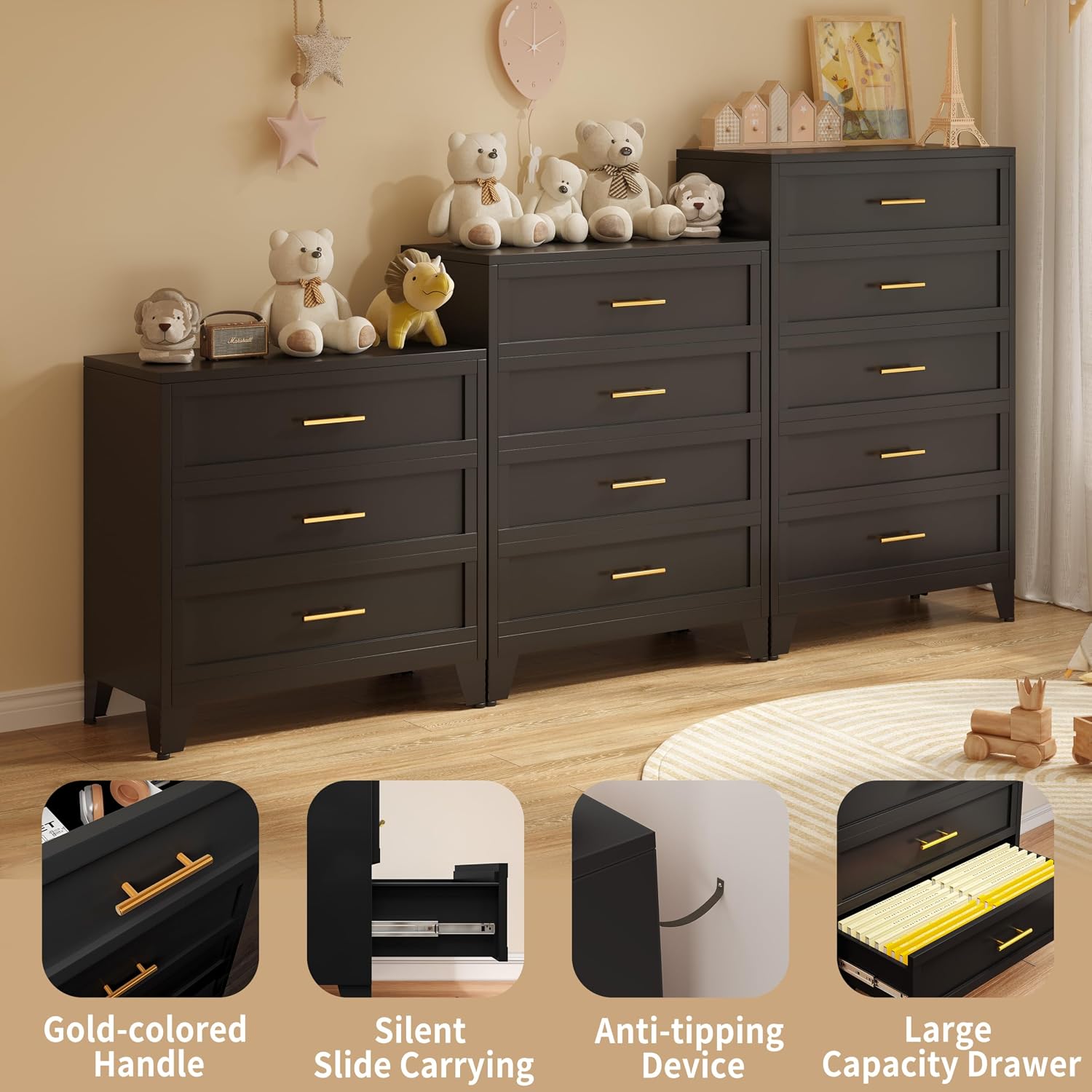 Metal Dresser for Bedroom Tall Black Dresser, Chest of Drawers for Bedroom with Large Storage Space for Living Room, Hallway, Entryway, Home Office (Black, 3 Drawers)
