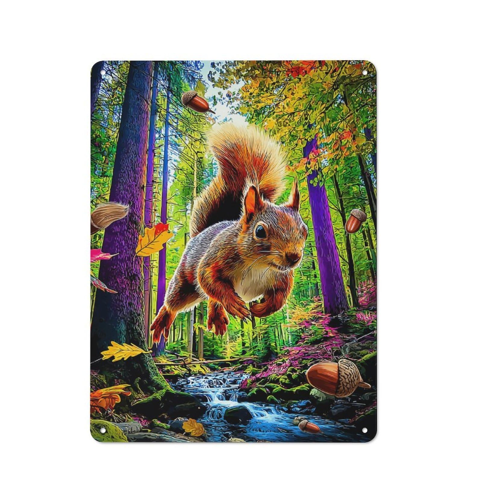 Autumn Squirrel in Forest Smart Metal Wall Decor 40x30cm, Office Metal Sign for Office, Study, Studio Or Hallway