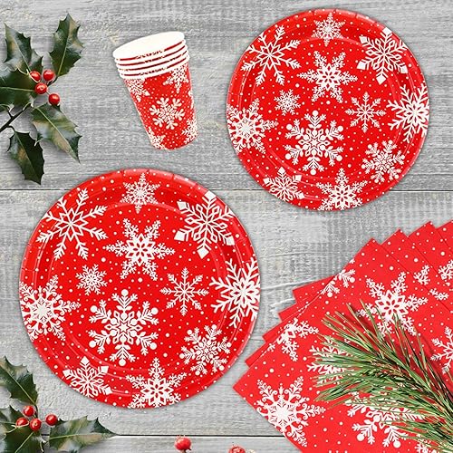 Miniatura 8 de Paquete de 227 suministros para fiestas de Navidad, decoraciones de copos de nieve, juego de vajilla temática de Navidad, platos de papel de