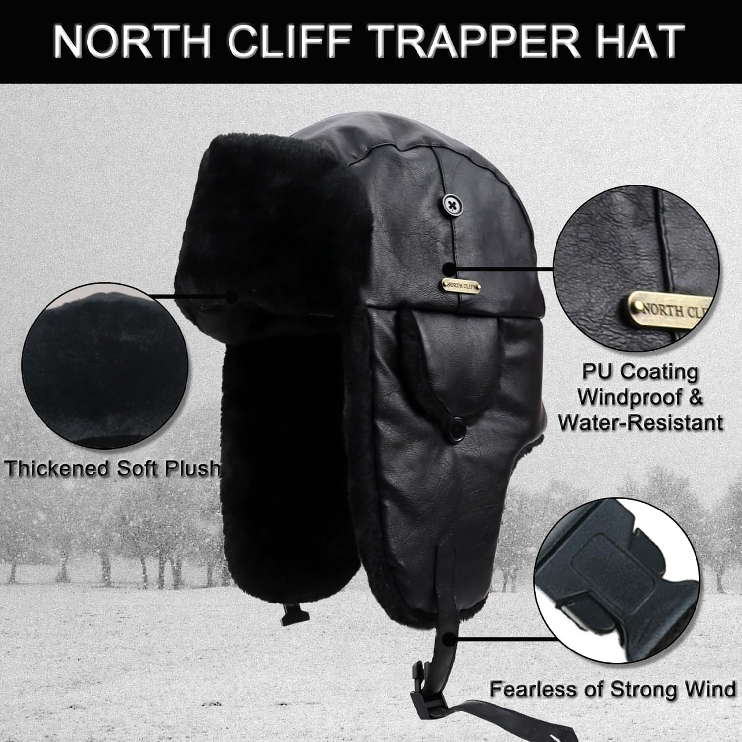 Unisex Winter Leather Trapper Hat with PU Coating for Hunting Skiing Trooper Winter Outdoor Activities - Image 3