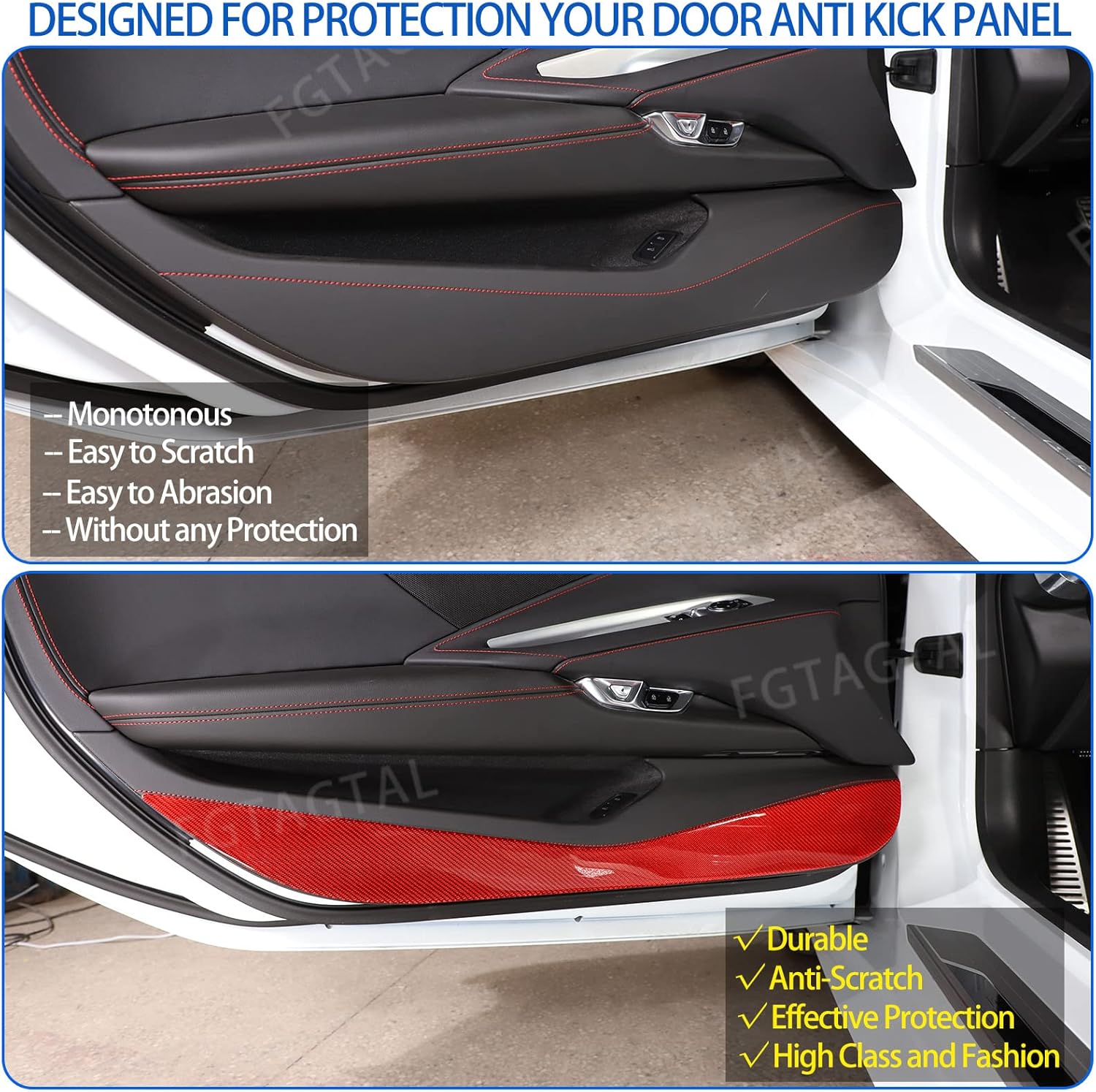 Soft Carbon Fiber Car Door Anti Kick Panel Trim Sticker Compatible with Chevrolet Corvette C8 2020-2026, Inner Door Anti Kick Decorative Panel Protection Accessories 2Pcs (Red)
