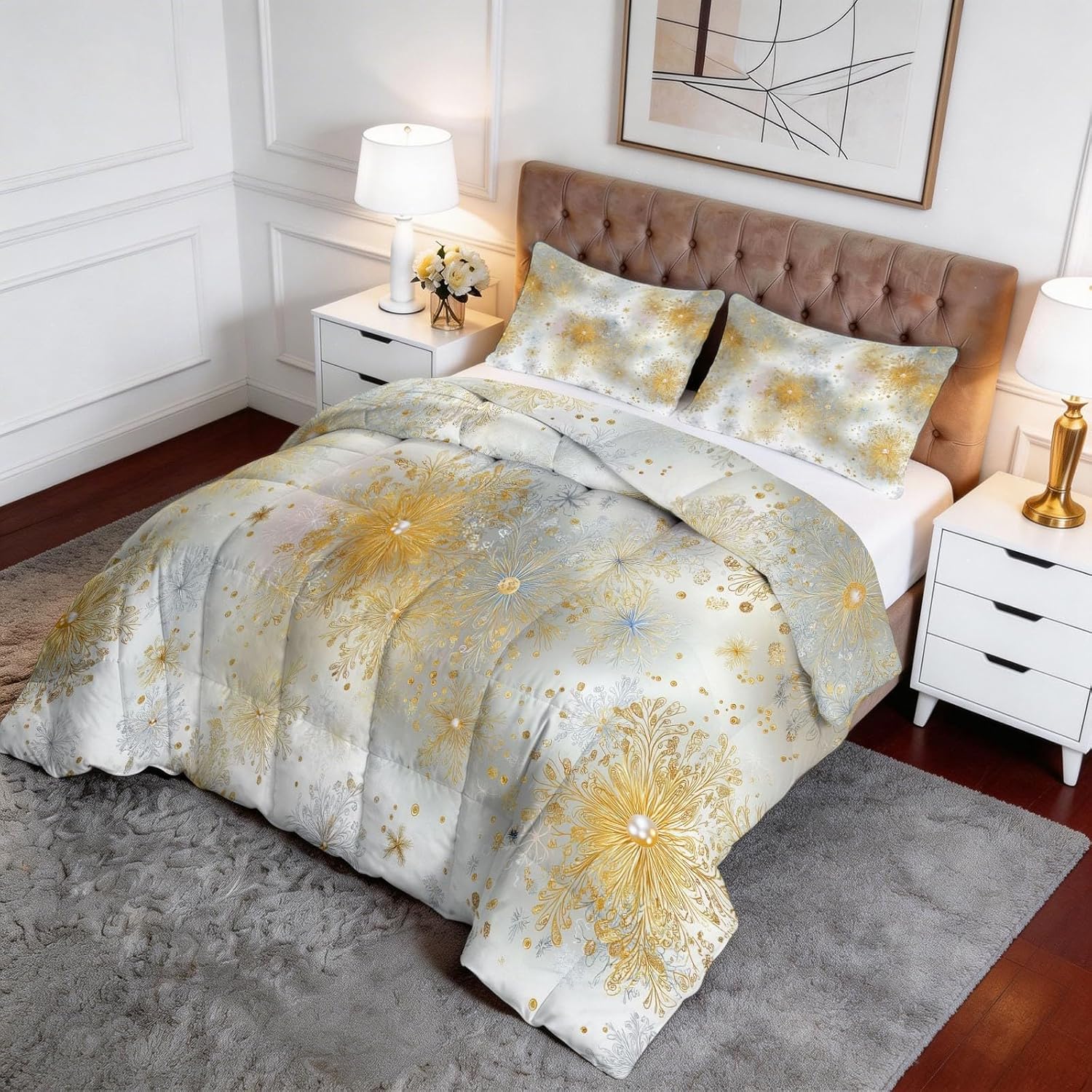 Romantic Gold Snowflake Stripes Thin Summer King Comforter 104" x 90", Fantasy Art Lightweight Quilt Bedding Set - Soft Breathable Duvet for Hot Sleepers, Kids Boys Girls Bedroom Guest Room Decor