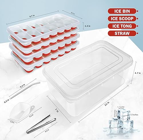 Miniatura 2 de CKE - Bandeja para cubitos de hielo con tapa y contenedor (paquete de 4, rojo) bandejas de hielo de plástico de silicona para congelador, bandejas