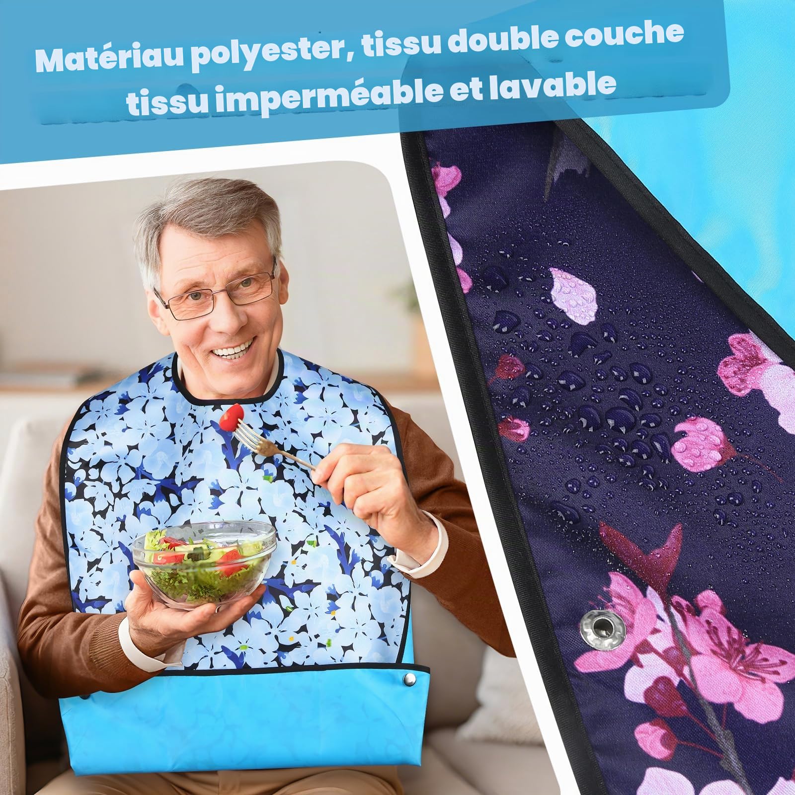 Lot de 3 Bavoirs Pour Adultes Avec Bac Récupérateur, Protection Des Vêtements Avec Fermeture Velcro, Imperméable, Pour Femmes, Personnes Âgées Et Patients