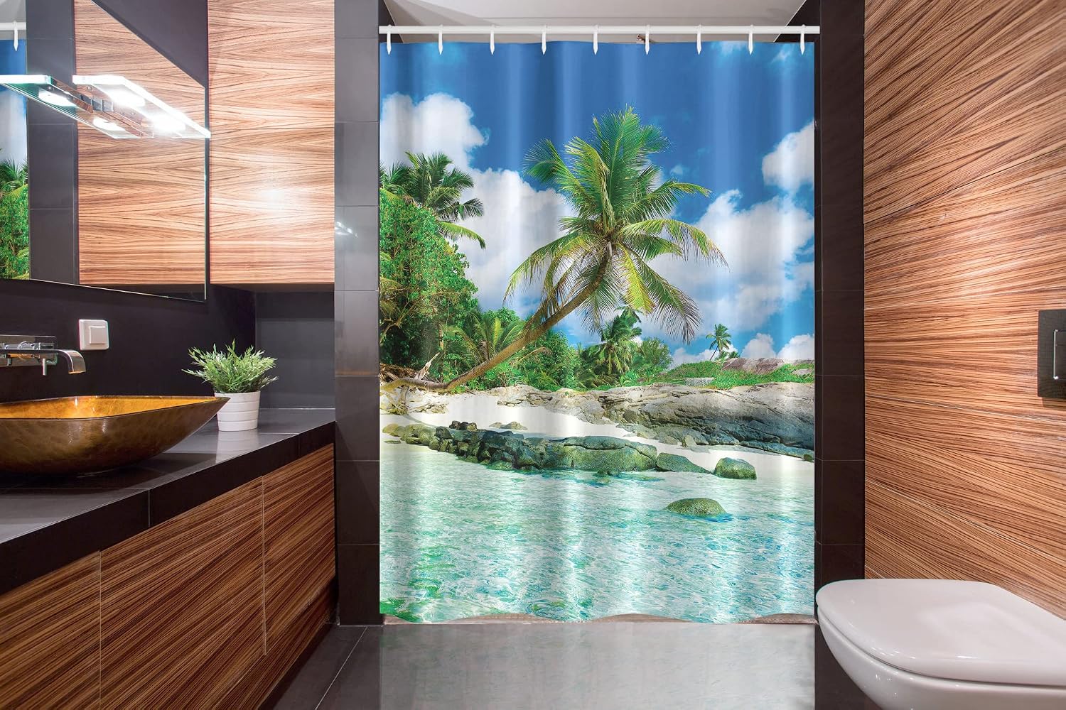 Ambesonne Beach Stall Shower Curtain, Rocks and Palm Trees Aquatic Shades Jungle Honeymoon Islands Resort Leisure Summer Season, Fabric Bathroom Decor Set with Hooks, 54" W x 78" L, Turquoise Green