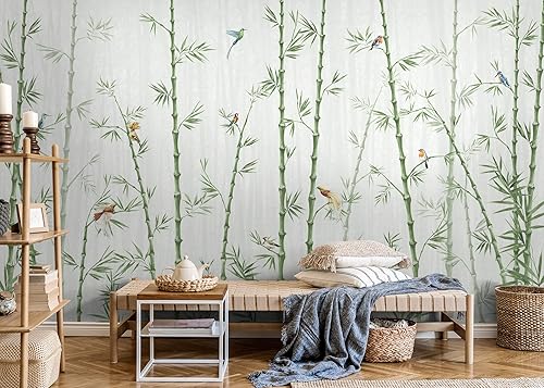 Miniatura 3 de Murwall Tropical Bamboo Tree with Paradise Birds Wall Mural Watercolor Bamboo Wallpaper Chinese Tree with Colorful Bird Wallpaper