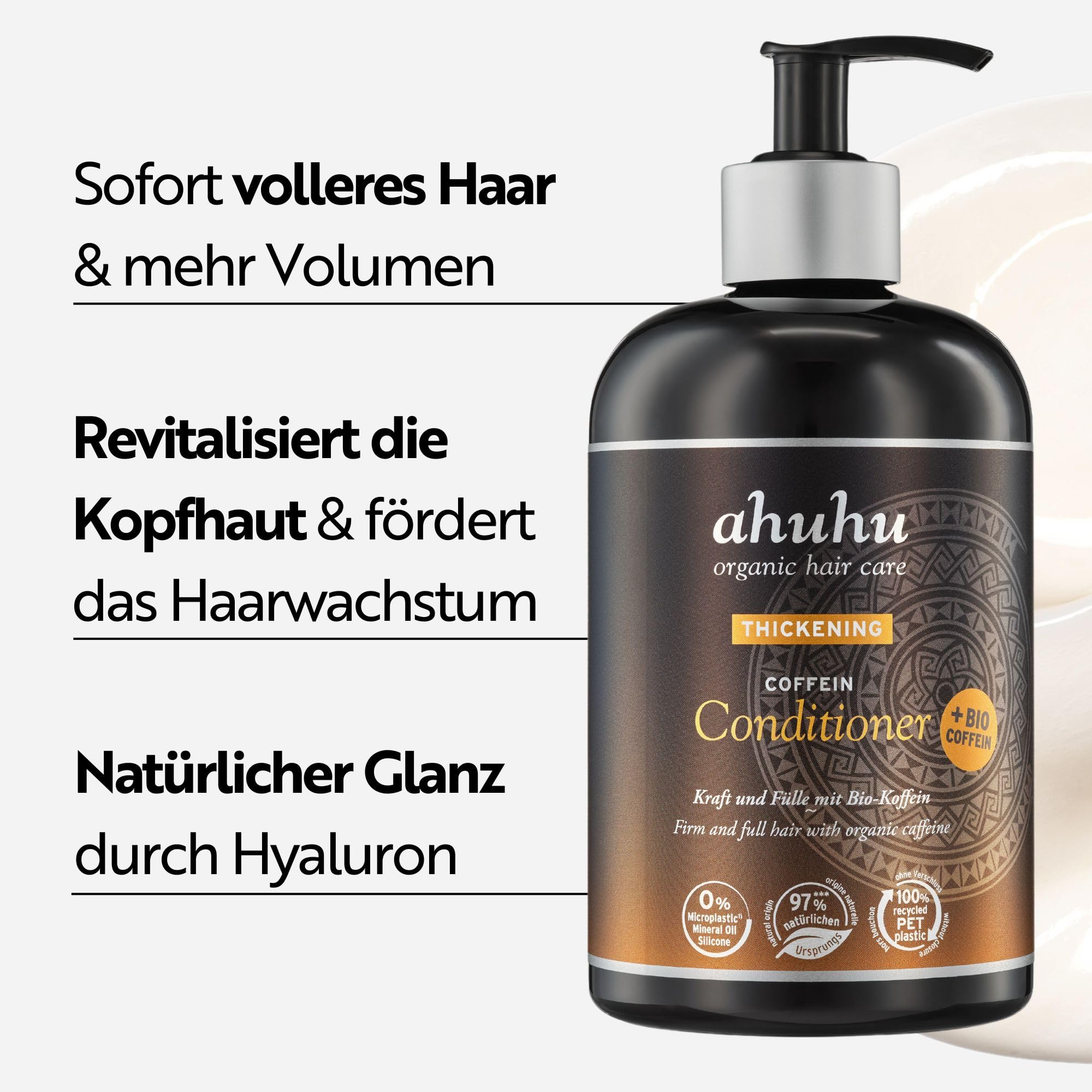ahuhu Thickening Coffein Spülung (500 ml) | mit Bio-Koffein und Reisstärke, Kräftigt die Haarstruktur, sorgt für mehr Volumen und ideal für feines Haar