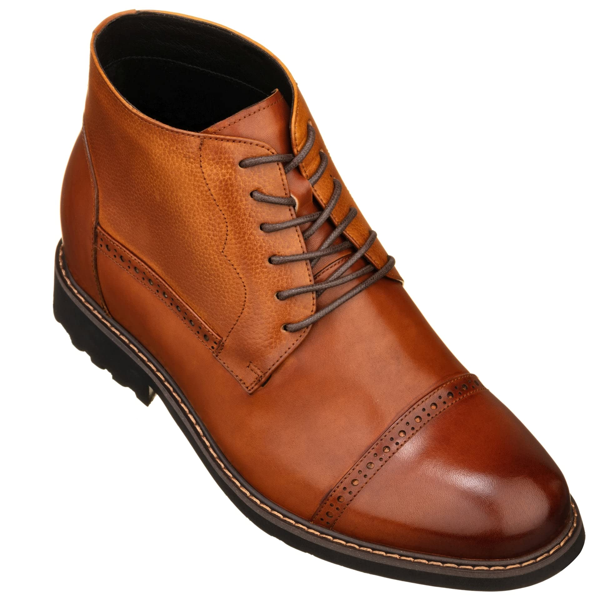 CALTO Men's Invisible Height Increasing Elevator Shoes - Brown Leather Lace-up Cap-toe Boots with Inner Faux Fur - 3.2 Inches Taller - Y41085 - Size 6