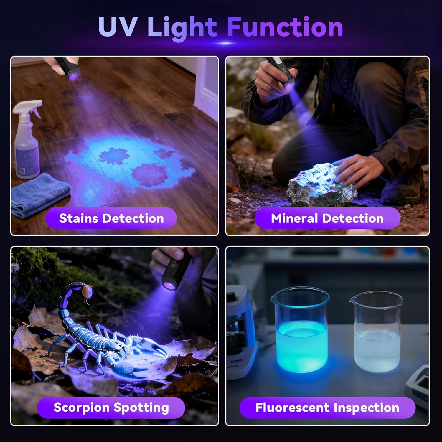 365nm UV Flashlight, EDC Rechargeable Flashlight with Black Light, asern 1 Mini Portable for Pet Urine Detection, Cure Resin, Stains Detection, Scorpion Detector 4Pack