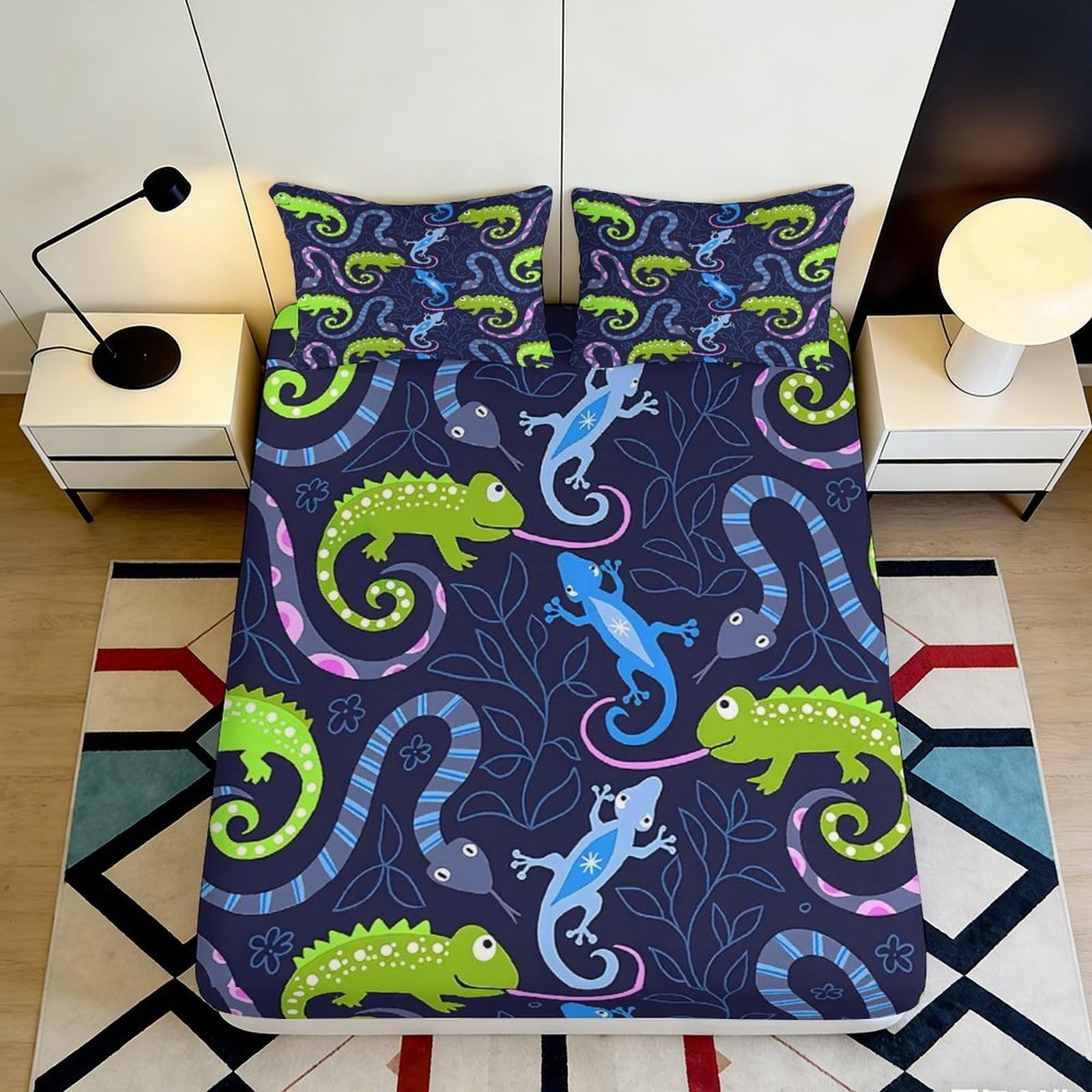 3D Printed Colorful Gecko Fitted Sheet Microfiber Soft Breathable Lizard Pattern Bed Cover for Bedroom Dormitory Guest Room Mattress Protection 140x200x25cm
