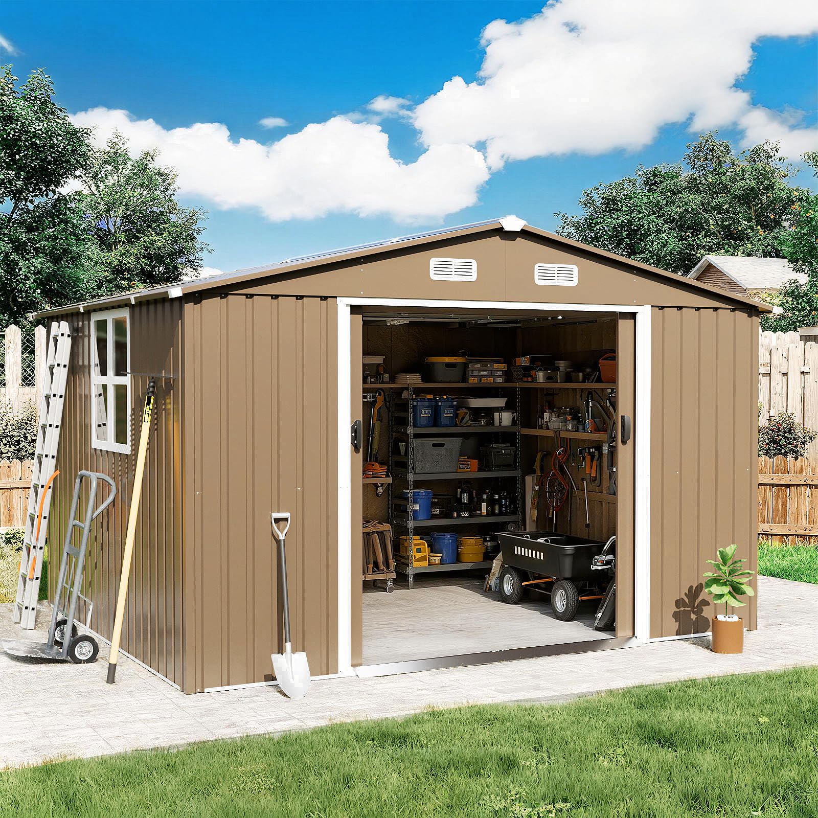 Gotland 10FT x 8FT Sheds & Outdoor Storage, Storage Shed with 1 Large Window Sloped Step, Metal Shed with 2 Lockable Slide Doors Air Vents, Outdoor Shed for Backyard Patio Lawn Brown