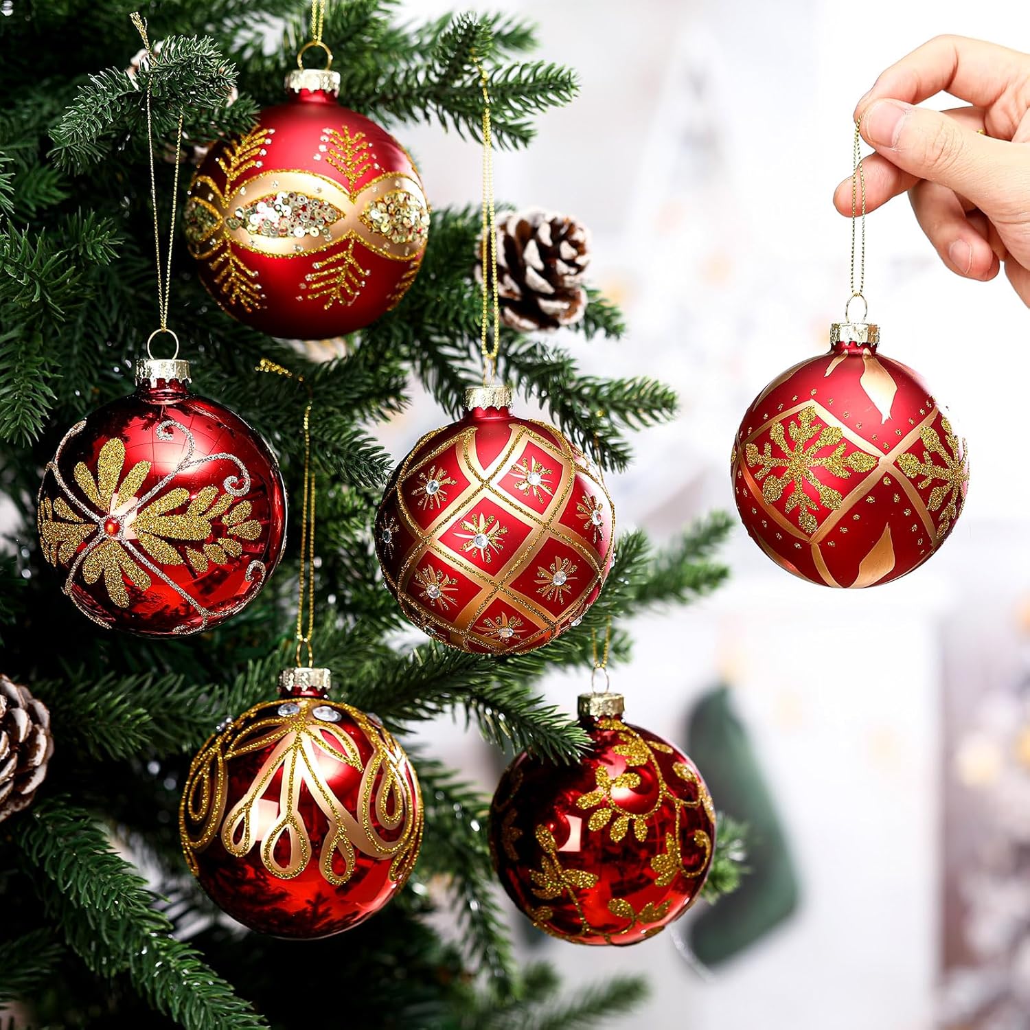 6 Pcs 3.15 Inch Glass Luxury Christmas Ball Red and Gold Ball Ornaments Glass Christmas Tree Decorations Luxury Hanging Ornaments for Xmas Tree Party Holiday Decor