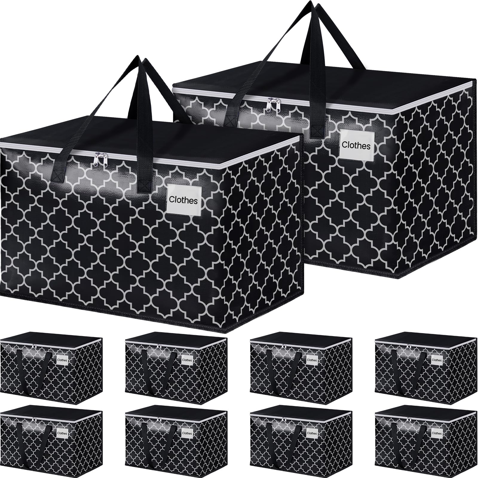 HomeHacks Moving Bags, Heavy Duty Storage Bags, Moving Boxes with Tag Pockets, Zippers & Carrying Handles, Collapsible Storage Totes for Storing, Camping, Packing & Moving Supplies, Black 125L, 10Pack