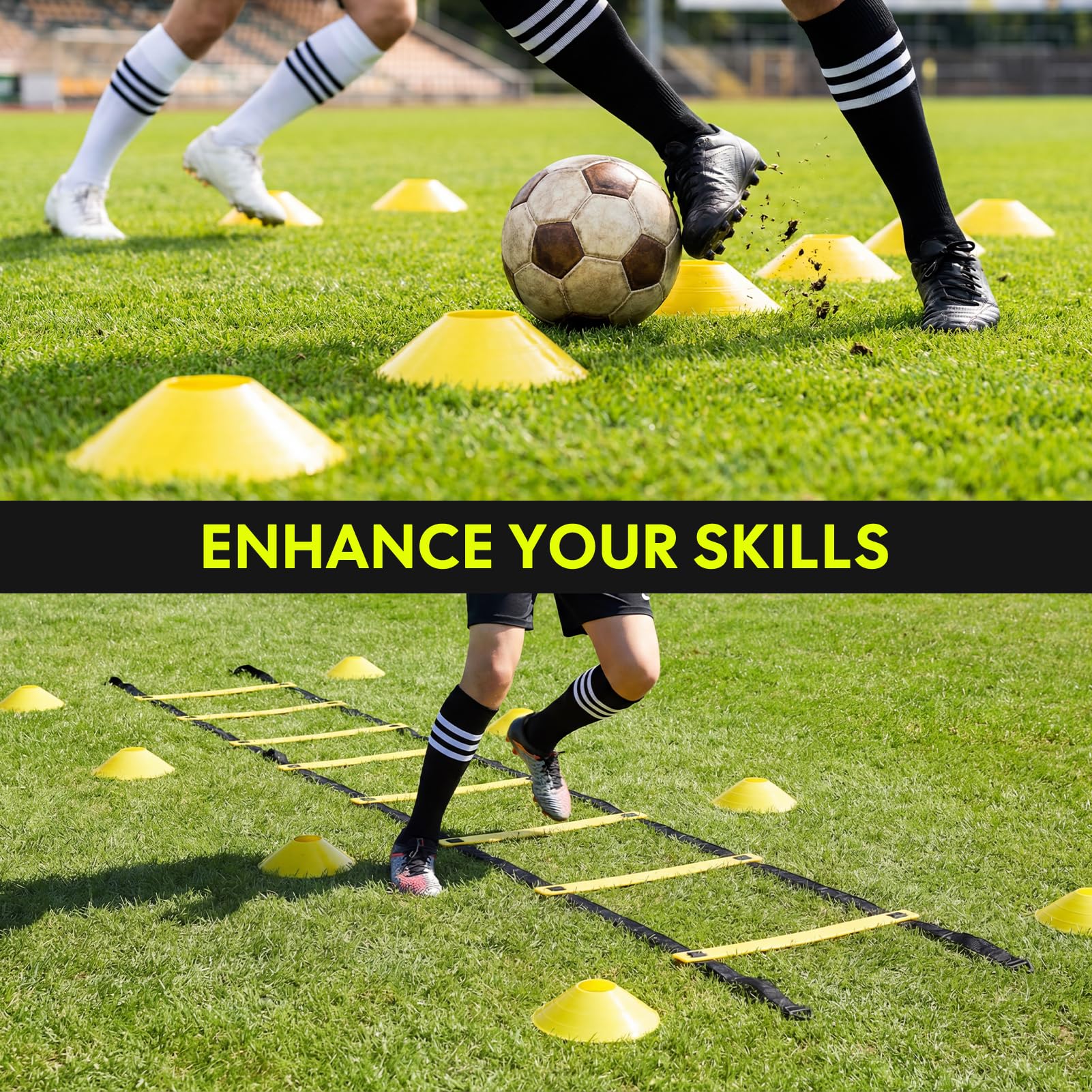Fussball Trainingszubehör, Fußball Trainingsset mit Fußballmatte 90×60cm 6m Koordinationsleiter, 5 Widerstandsbändern, 10 Hütchen, 2 Paar Sportsocken Fußball Geschenke für Jungs Kinder