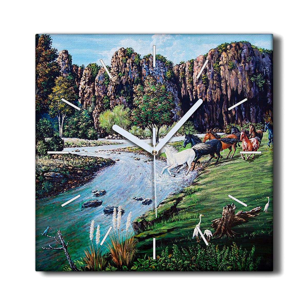 Horloge sur Toile 30x30cm Coloray Nature et Chevaux pour Salon Zen