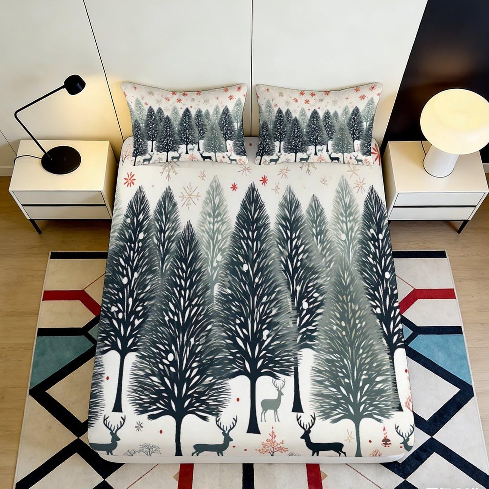 3D Printed Forest Deer Fitted Sheet Microfiber Deep Pocket Elastic Hem Bedroom Bedding Set Woodland Mattress Fitted Cover Non-Slip for Adults Teens 160x200x25cm