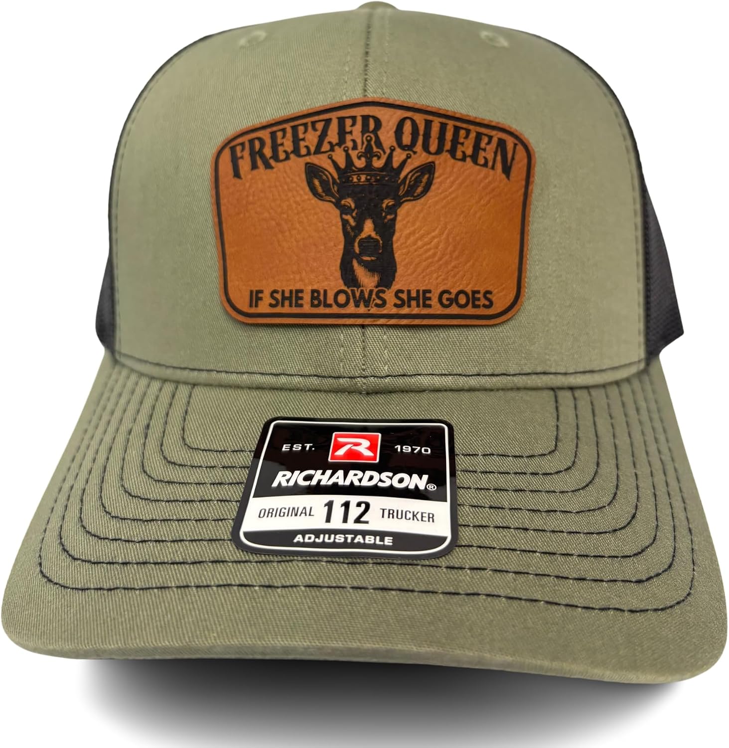 Freezer Queen Hunting Team Adult Size Leather Patch Hat | Funny Hats for Dad, If She Blows She Will Blow Trucker Hat