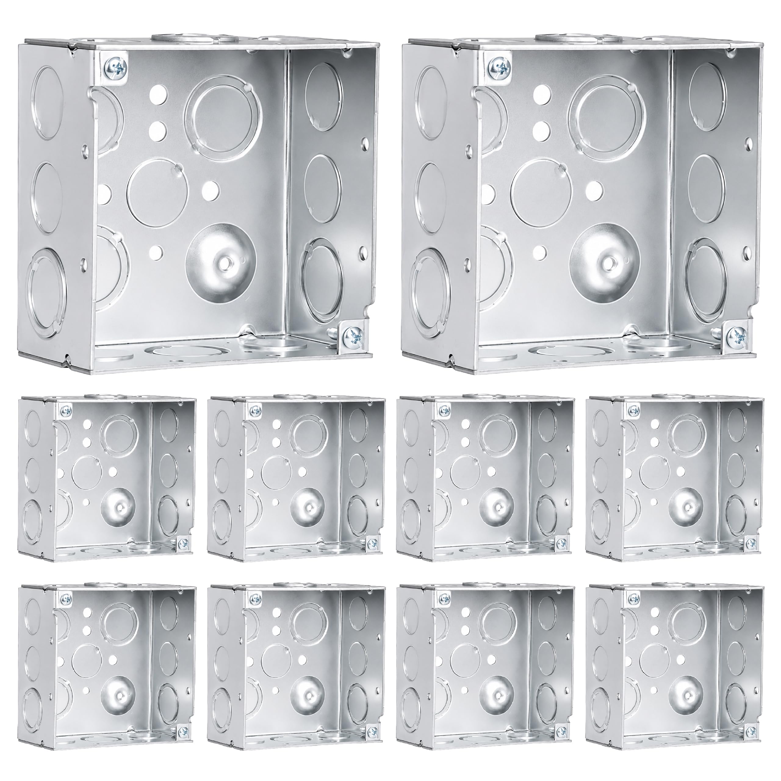 OHLECTRIC Scatola elettrica in metallo saldato 4x4 (confezione da 10), scatola di giunzione quadrata profonda da 1,1/2" con Knockout concentrici da 1/2" e 3/4", terra rialzata, 23 Cu in scatola di