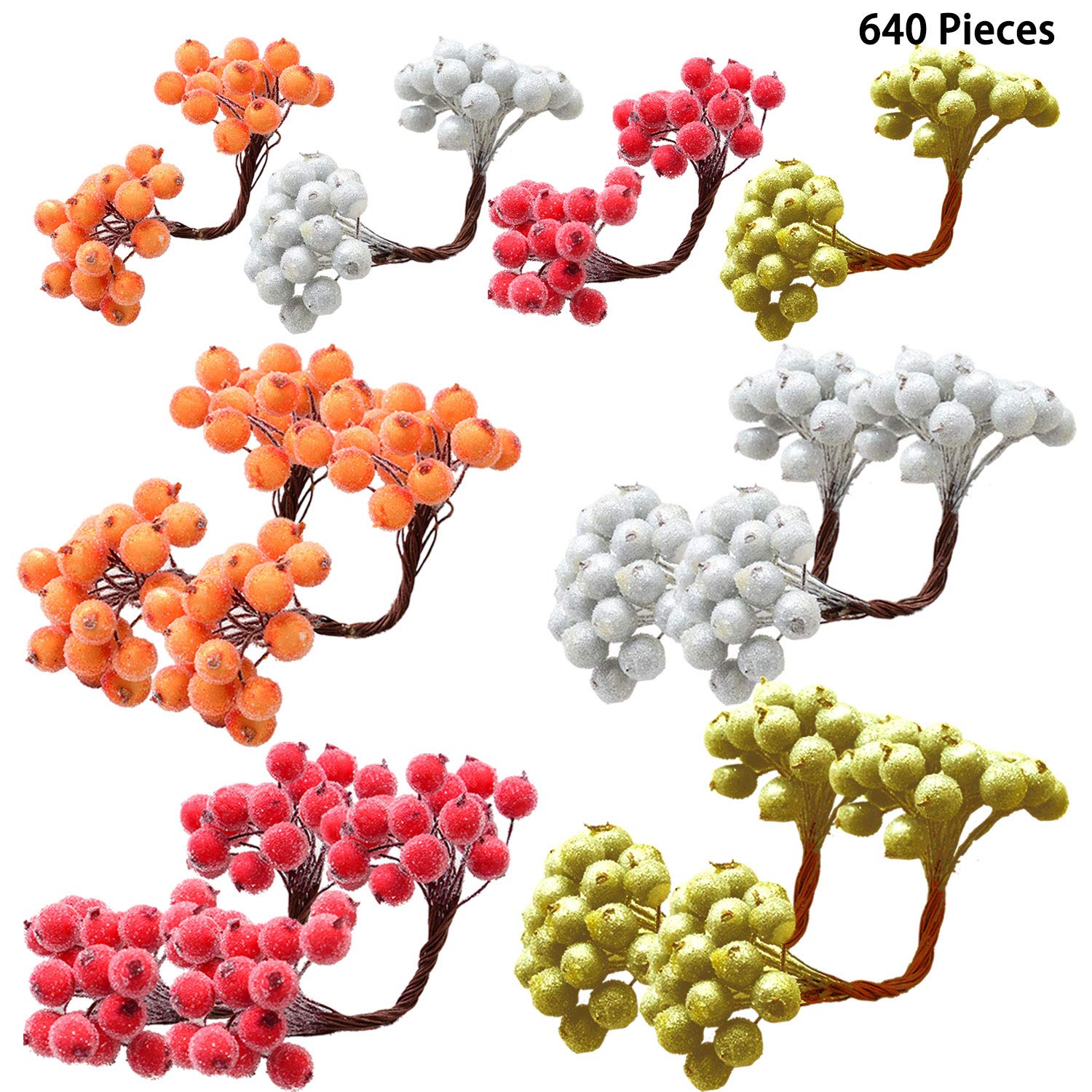 Cotiny 640 Pieces Christmas Frosted Fruit Berry Holly Artificial Berry Flower for Xmas Decor, 4 Colors
