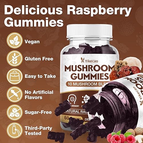 Miniatura 6 de Gomitas de hongos para adultos, suplemento de 10 mezclas de hongos con melena de león, cordyceps, reishi, chaga y cola de pavo para concentración y