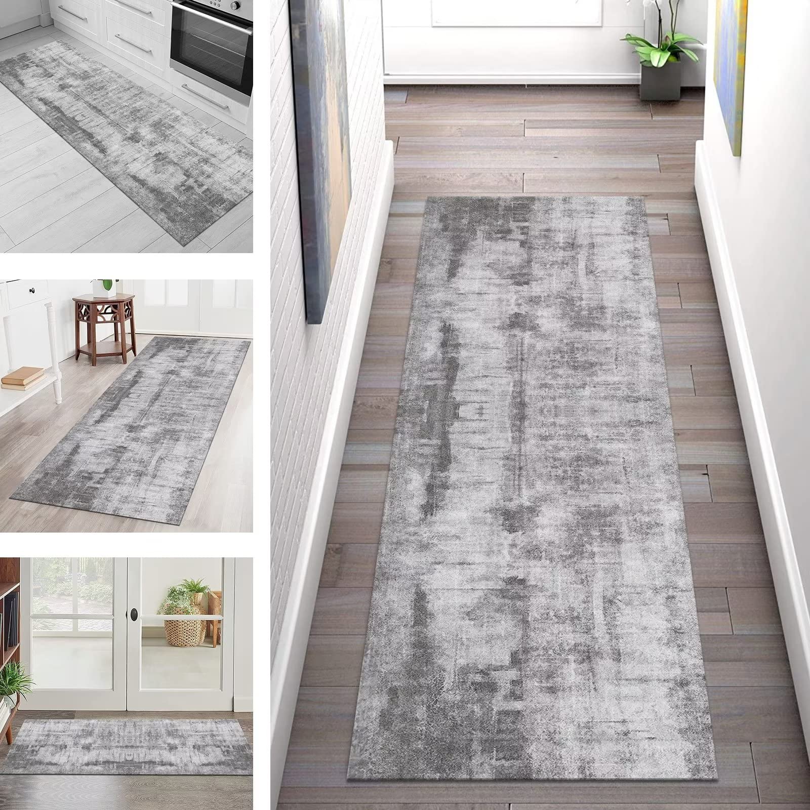 Antypoślizgowy szary dywan 90 x 400 cm - wewnętrzny dywan do przedpokoju, antypoślizgowa wycieraczka do salonu, sypialni i biura, abstrakcyjny design, mata podłogowa, szerokość 40-120 cm