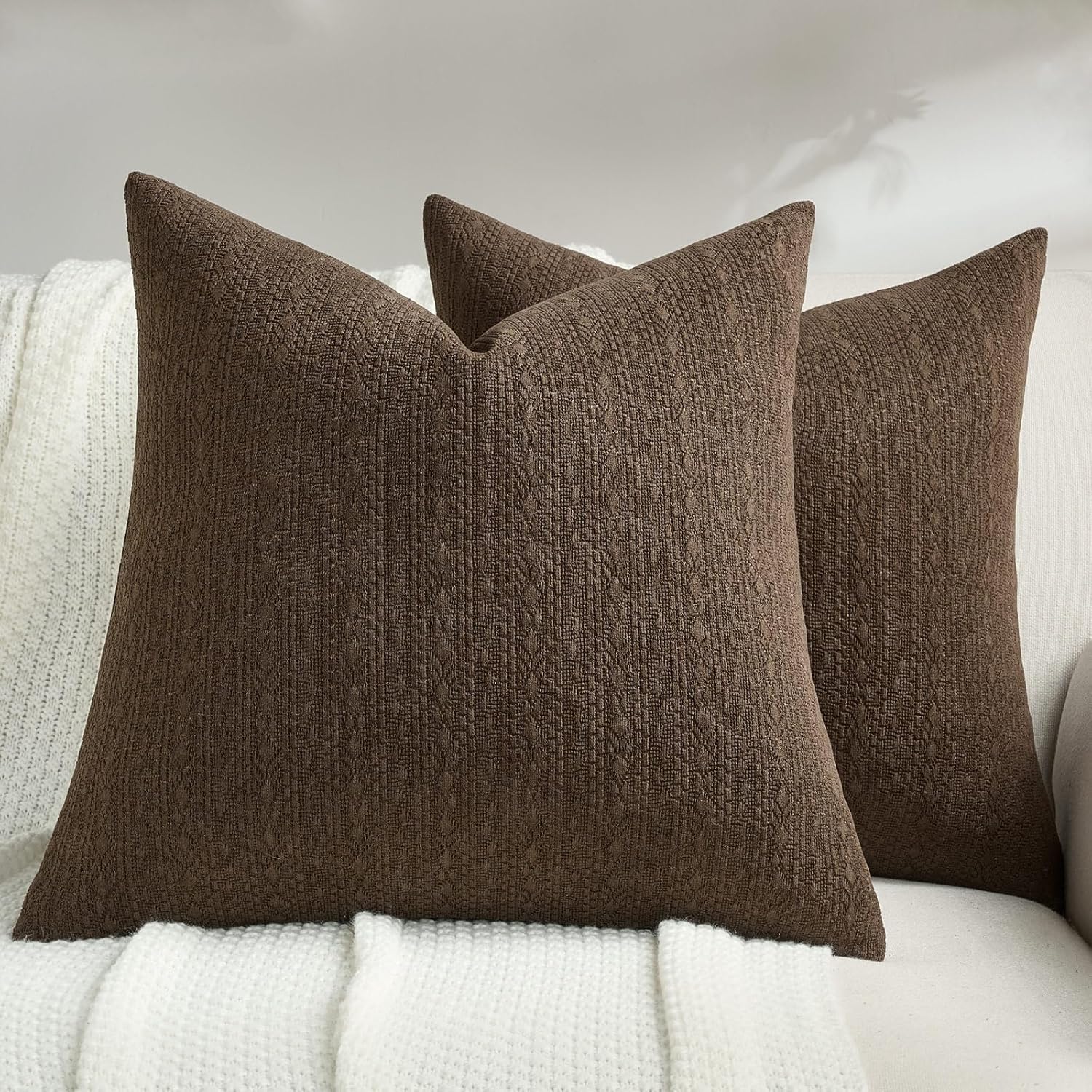 FUTEI Dark Coffee Chenille Throw Pillow Covers 18x18 Inch Set of 2,Soft Striped & Diamond Textured Cushion Cases,Modern Home Decor for Couch Living Room