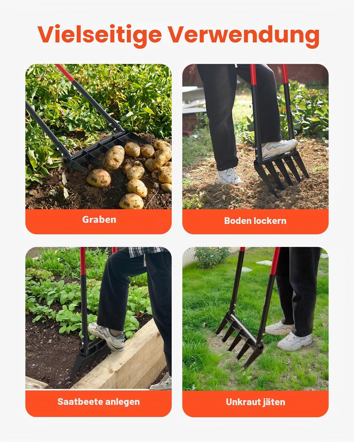 VEVOR Broadfork Doubleshaft 510x320 mm, 5-Zinken-Grabegabel mit Zwei Fiberglasgriffen, robuste Spatengabel, ergonomisches U-förmiges Design, Gartengerät zum Kompostieren, Umpflanzen & Belüften