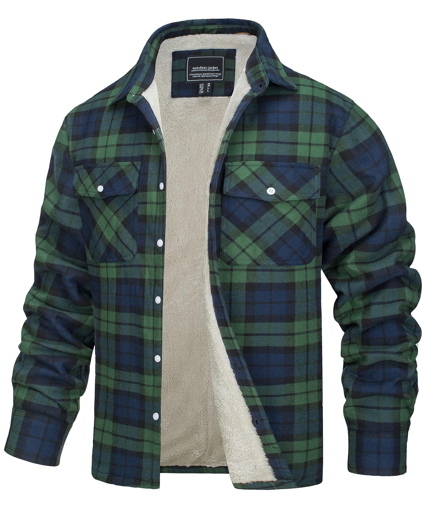TACVASEN Men's Flannel Plaid Shirt Soft Sherpa Jacket Lined Cotton Jacket Men Button Casual Coat for Men with Pockets