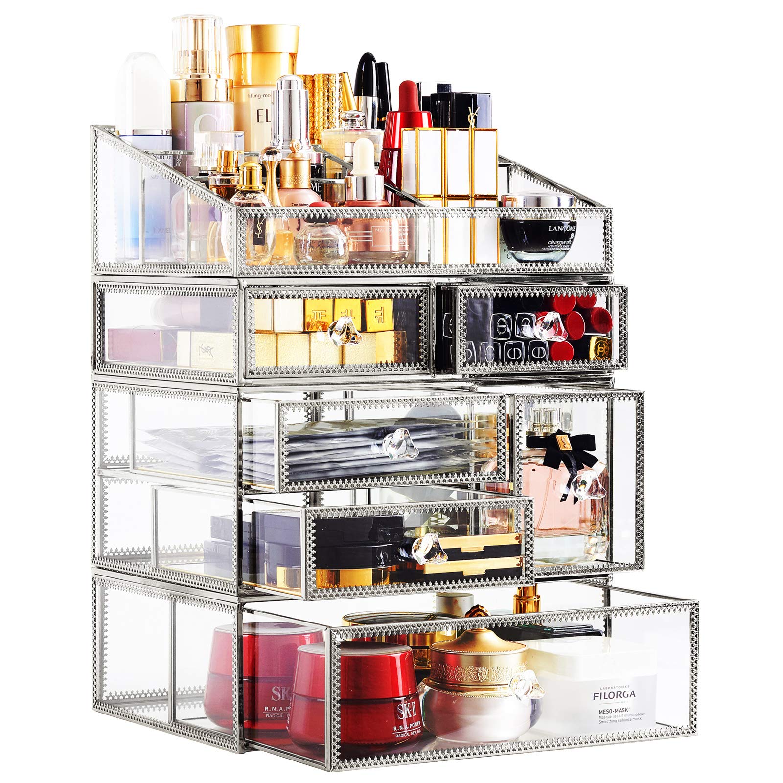 minopigo Antique Spacious Mirror Glass Drawers Set/Metal Cosmetic Makeup Storage/Stunning Jewelry Cube Perfume Organizer. It Consists of 4Separate Organizers Dustproof (Silver)