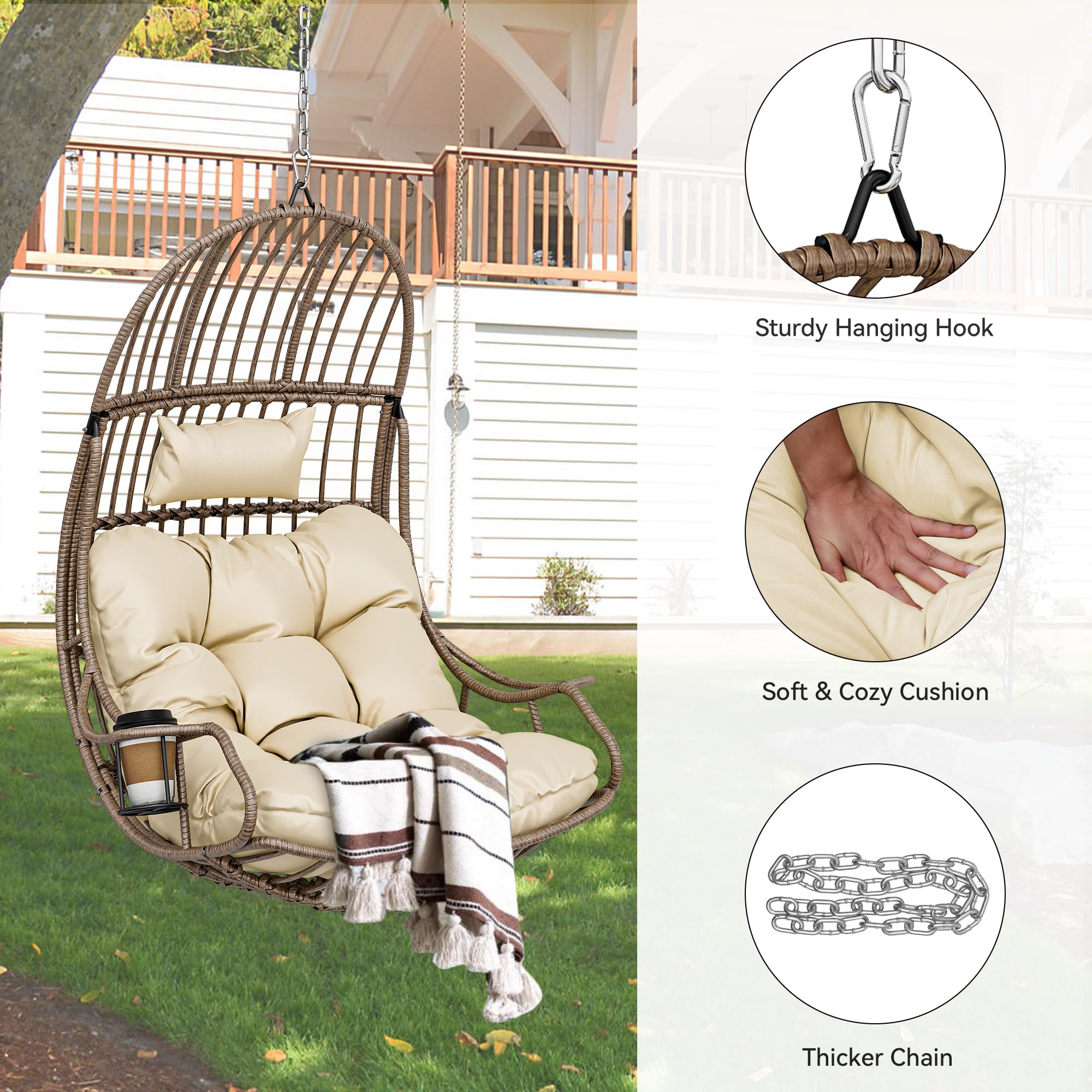YITAHOME Hängesessel Eierschaukel 150 kg Belastbarkeit, Rattan Schaukelsessel mit Kissen & Getränkehalter, Hängekorbstuhl für Garten, Terrasse, Balkon, Wohnzimmer, Beige
