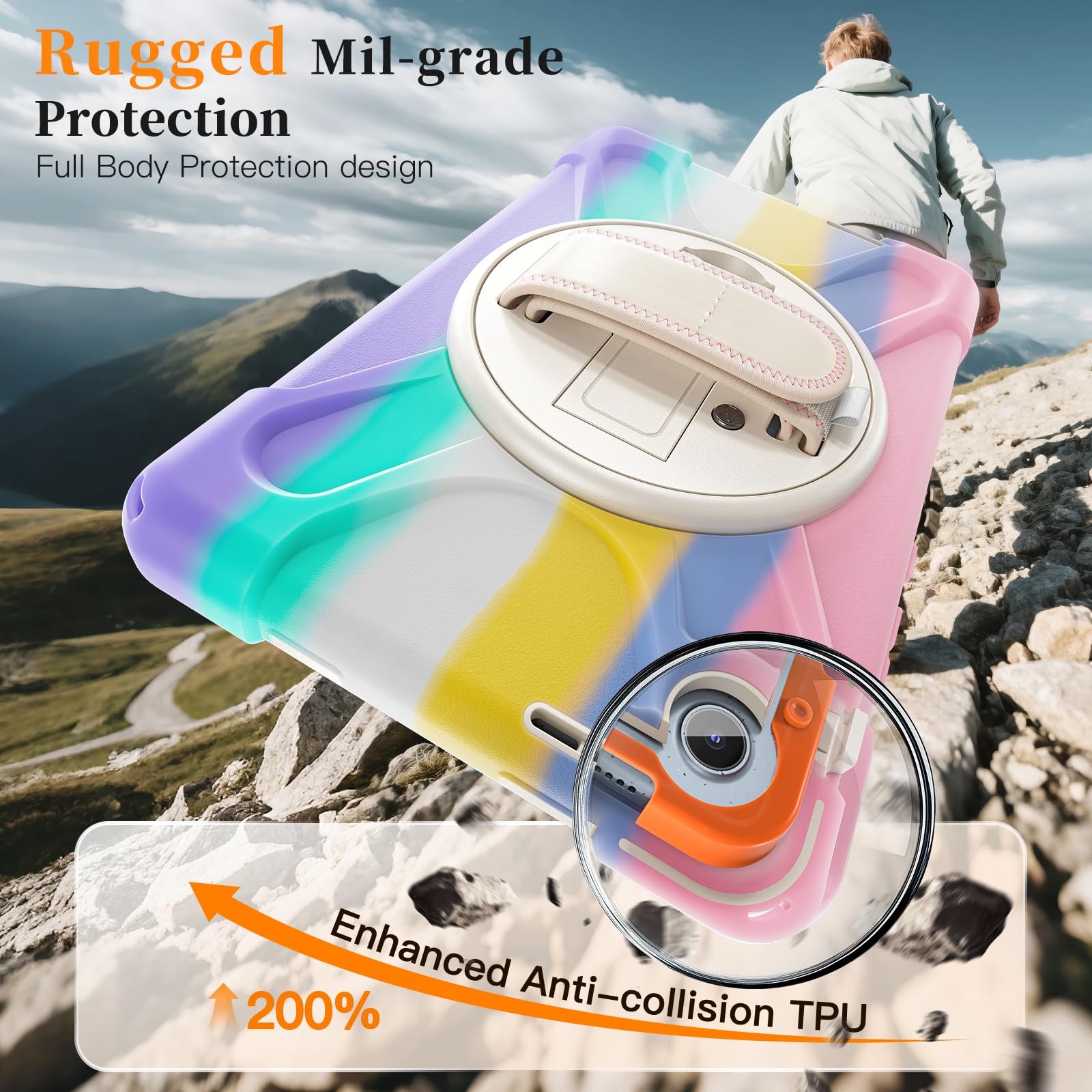 Compatibile con Lenovo Tab One 8.7"/K9 TB305FU (2025), custodia protettiva antiurto di grado militare con supporto da polso e tracolla a prova di caduta con cavalletto girevole (rosa)