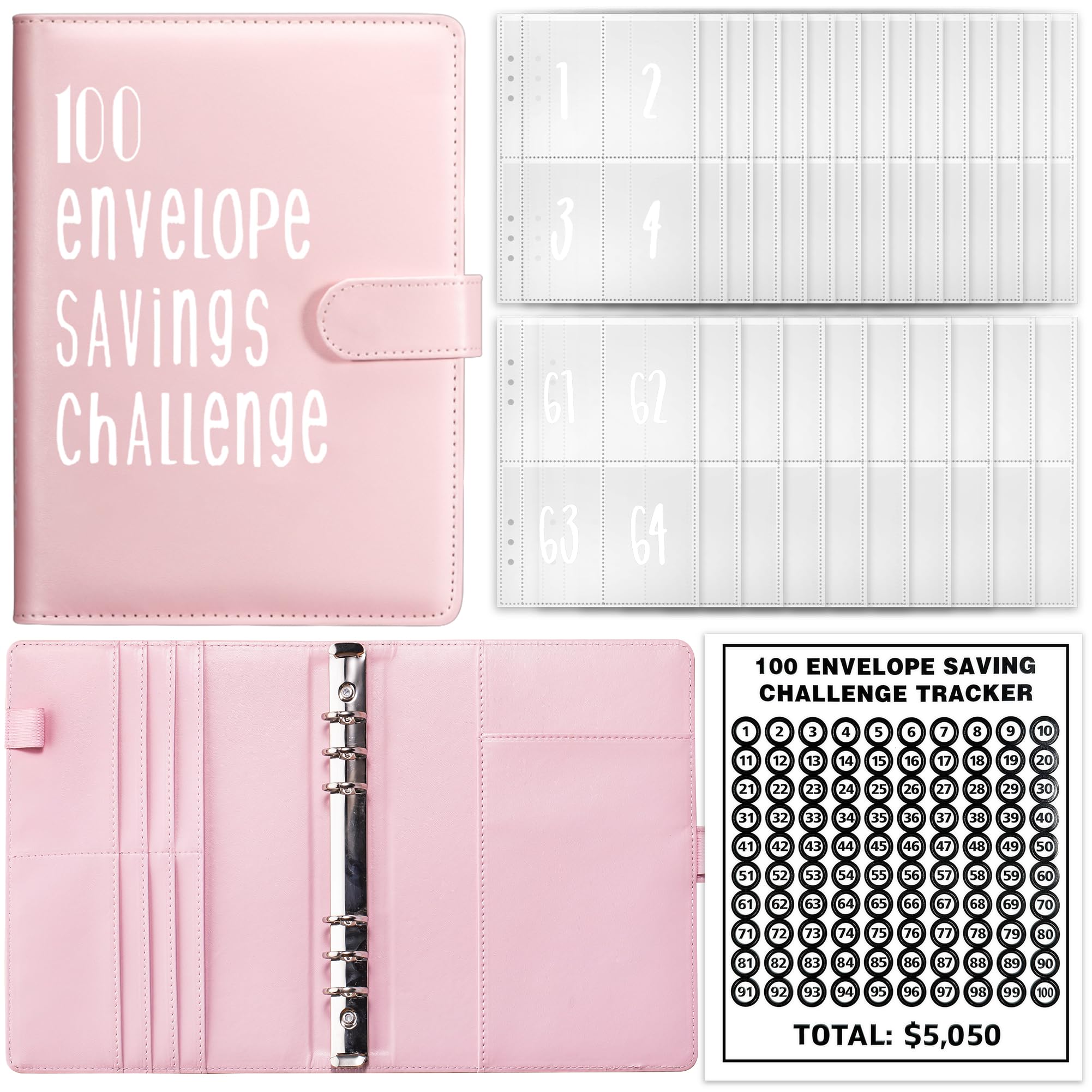 MATHARAGO 100 Envelope Savings Challenge Binder, Budget Planner with Cash Envelopes for Total $5050, A5 PU Leather Notebook 100 Day Money Saving Challenge Binder Cash Envelopes (Pink)