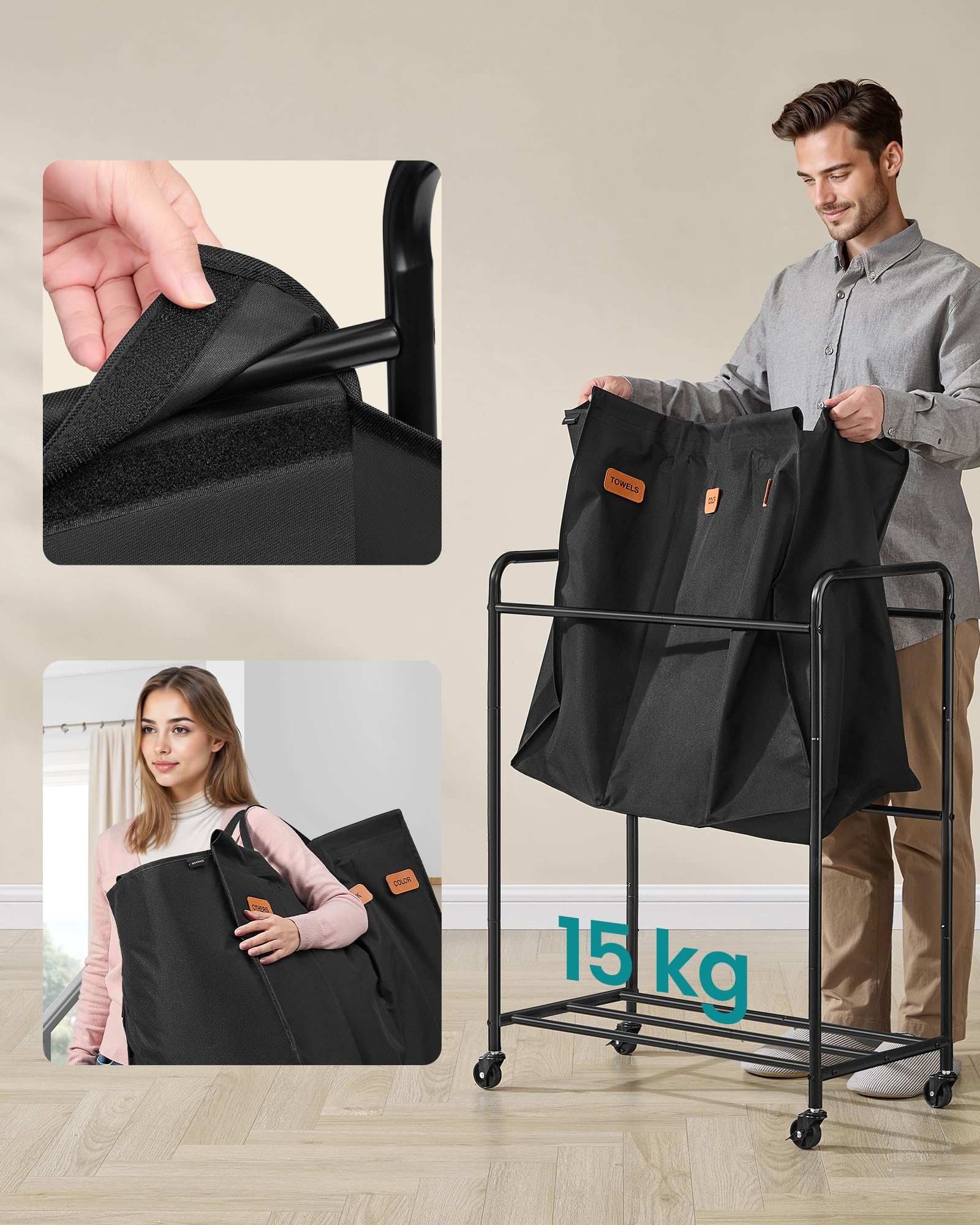 SONGMICS Panier à linge avec roulettes, panier à linge 3 compartiments, 170 l, panier à linge mobile, 5 étiquettes, pour buanderie, chambre à coucher, salle de bain, noir d'encre RLS330B01