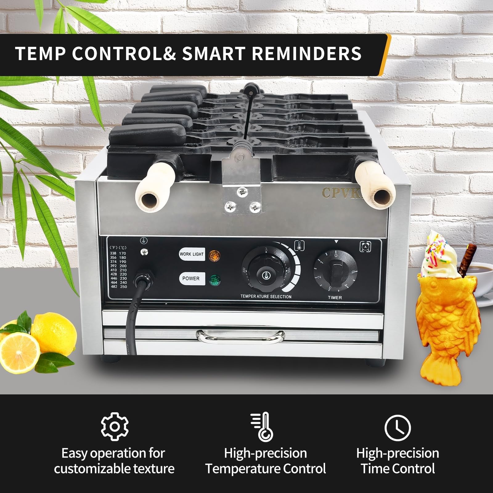 Maszyna Taiyaki o mocy 3000 W, gofrownica rybna z 5otwartymi ustami, konstrukcja ze stali nierdzewnej, z zakresem temperatury i kontrolą czasu, do użytku w domu i restauracji