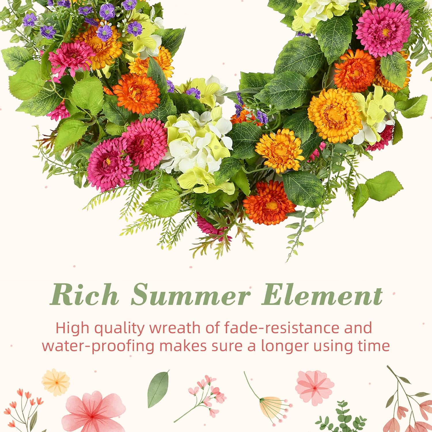 YNYLCHMX 18" Spring Summer Wreaths for Front Door, Artificial Floral Wreath with Daisy Flowers Green Tea Leaves, Green Foliage Wreath for Wall Window Farmhouse Party Holiday Home Decor - Image 5