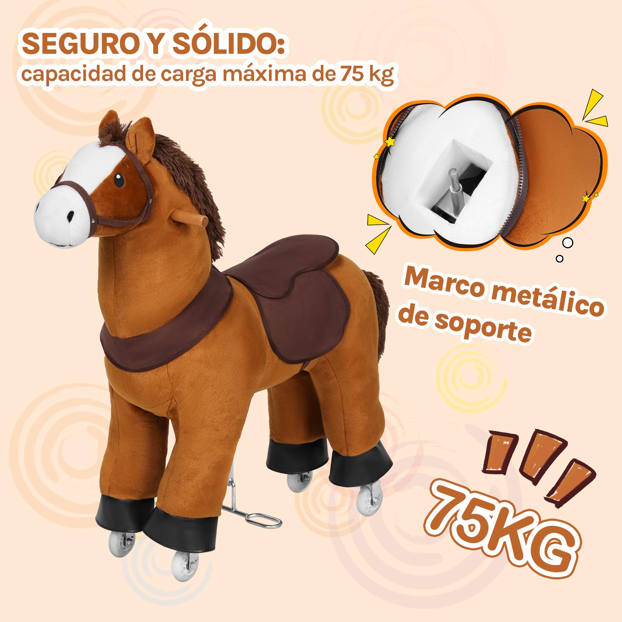 WOLTU Caballito con Ruedas para Niños de 3 Años, Caballo de Peluche para Montar con Sonido, Juguete Infantil en Madera y Metal, Color Marrón
