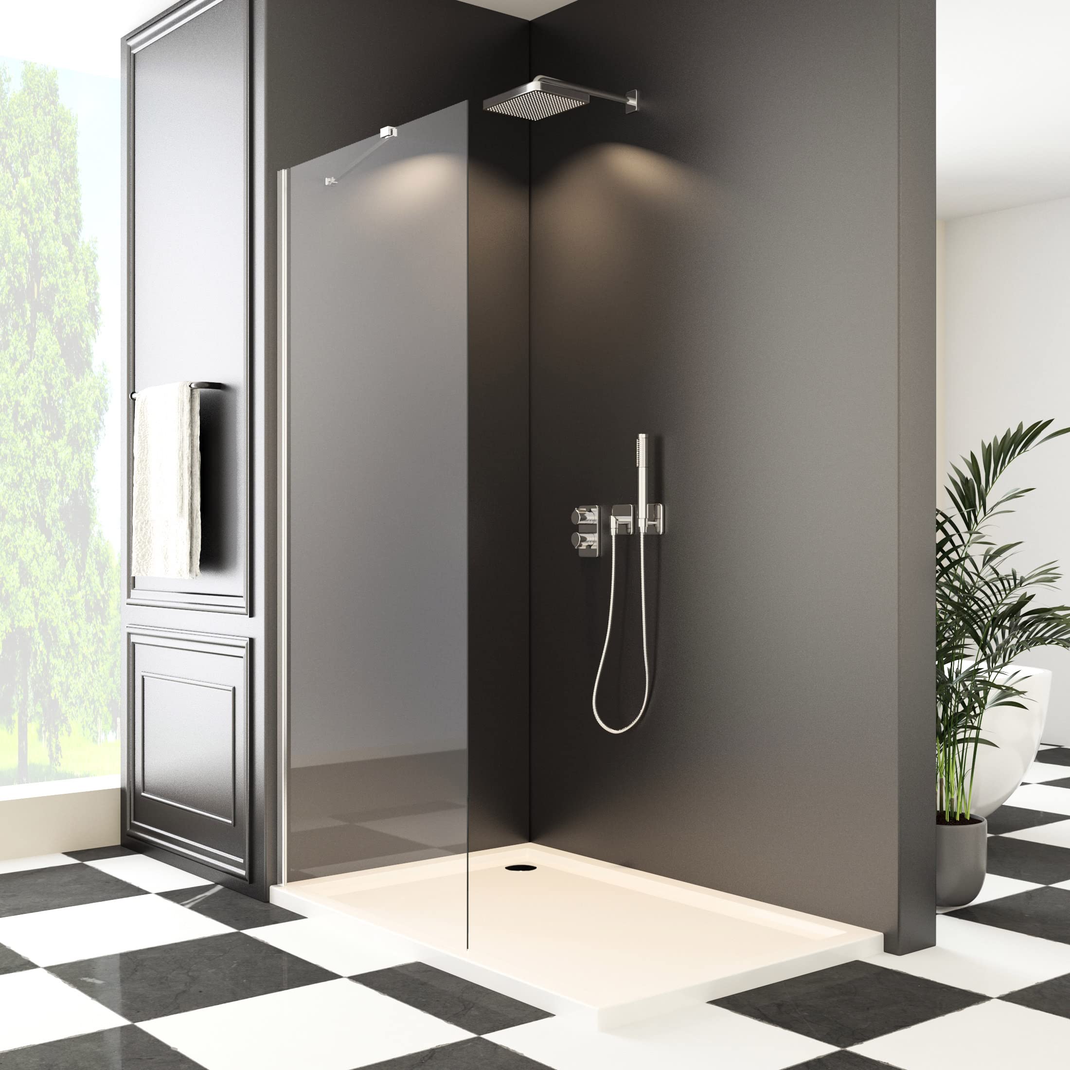 Walk in Duschwand, 90x185 cm Walk in dusche Sicherheitsglas Duschtrennwand mit Stabilisator Duschabtrennung auf Duschtassen oder Boden montierbar