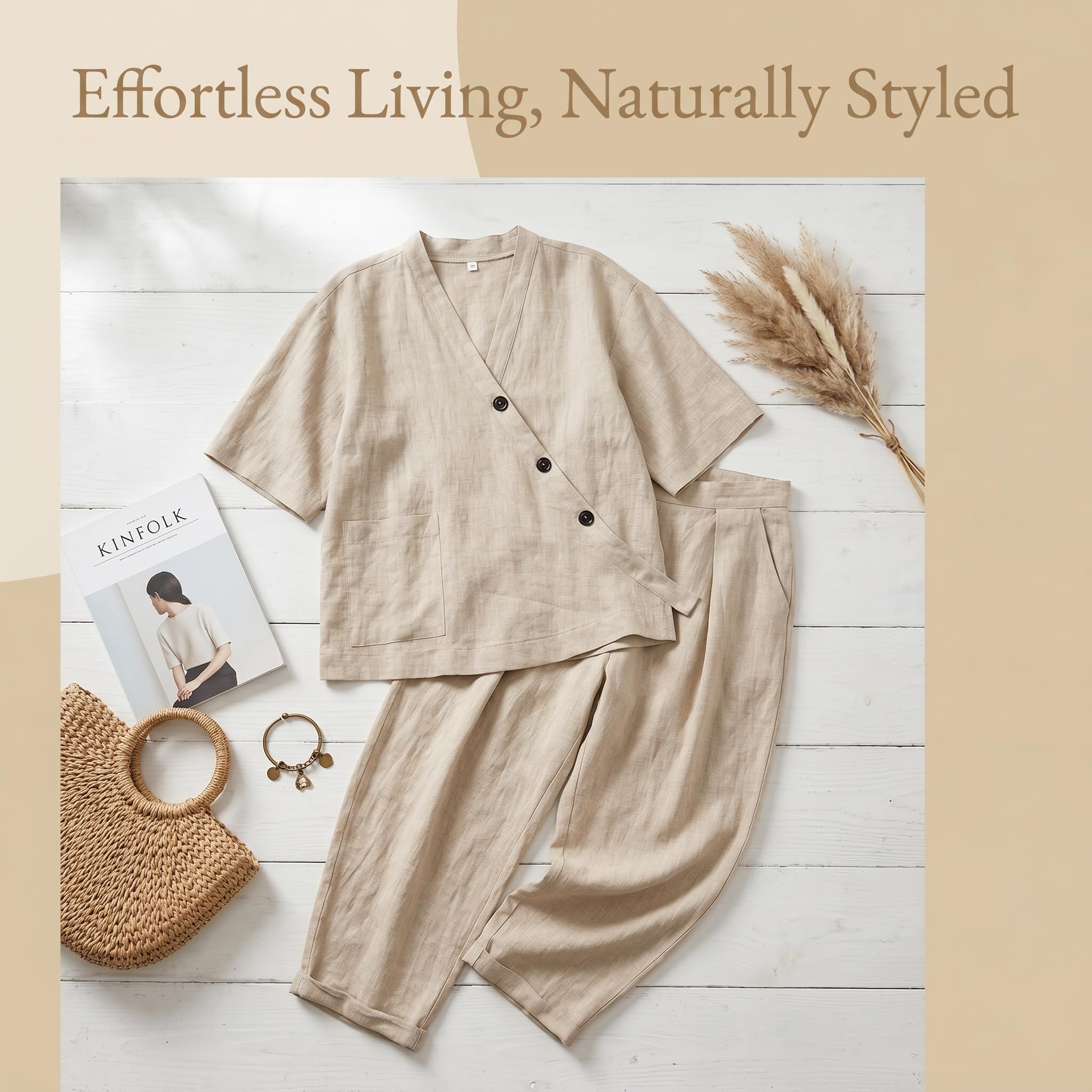 Zweiteiler Damen Sommer Leinen Hosenanzug Elegant Musselin Set 2 Teiler Baumwolle Oberteil und Weite Hose Luftig Leichte Leinenanzug Freizeitanzug Hausanzug Casual Outfits Lose