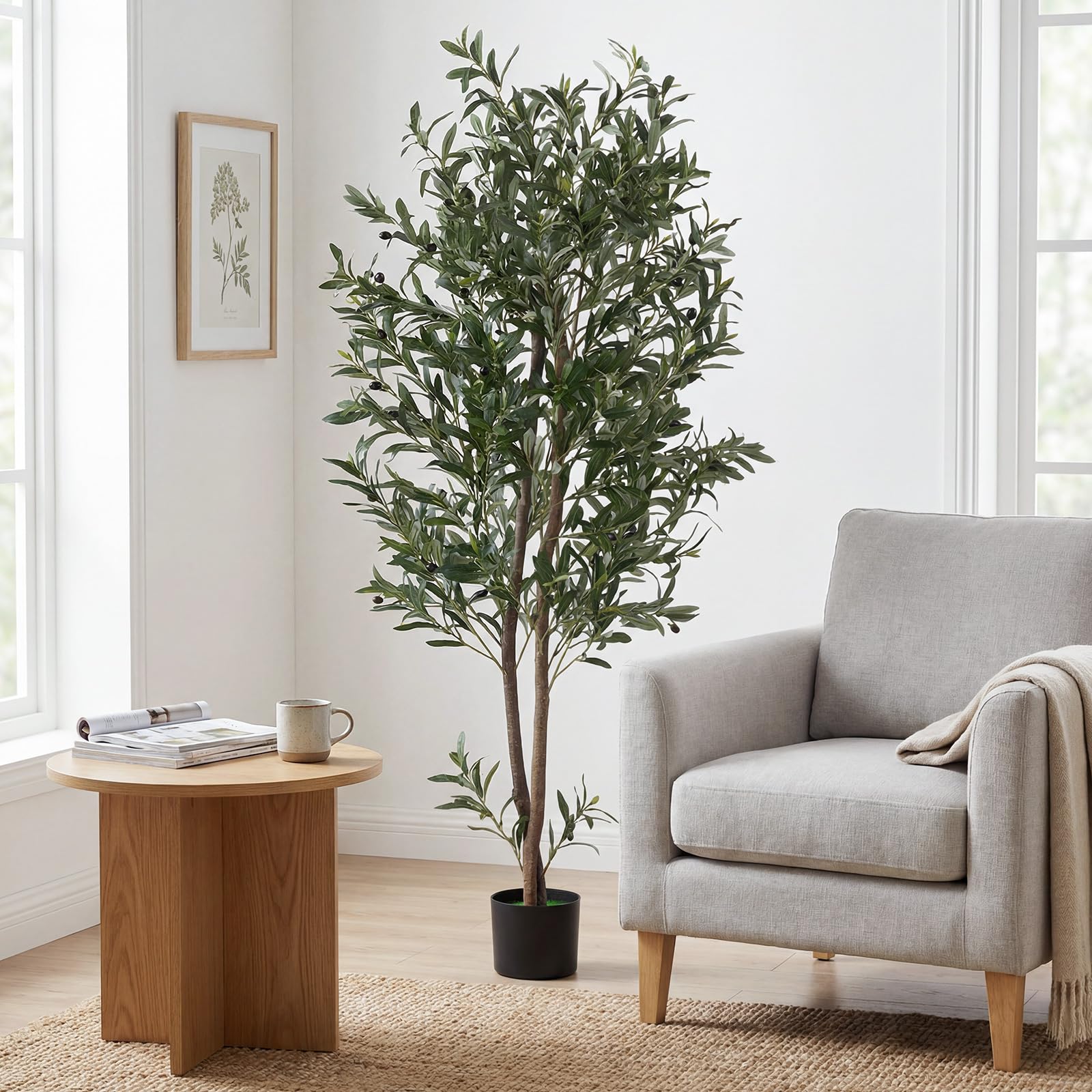 RELAX4LIFE Olivier Artificiel 180 cm, Grande Plantes Artificielle avec Feuilles en Polyester, Tronc Robuste en PE, Fruits et Mousses, Arbre Décoratif en Pot en Ciment pour Maison, Salon, Bureau (2)