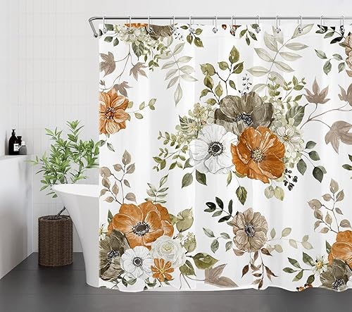 Miniatura 4 de LB Grey and Orange Flower Shower Curtain Sets with Rugs Autumn Country Plant Watercolor Floral on White Fabric Shower Curtain with Hooks Fall