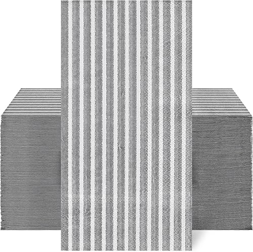 Whaline Paquete de 100 servilletas desechables a rayas grises y blancas para invitados, paquete de papel a rayas, servilletas de mano para boda,