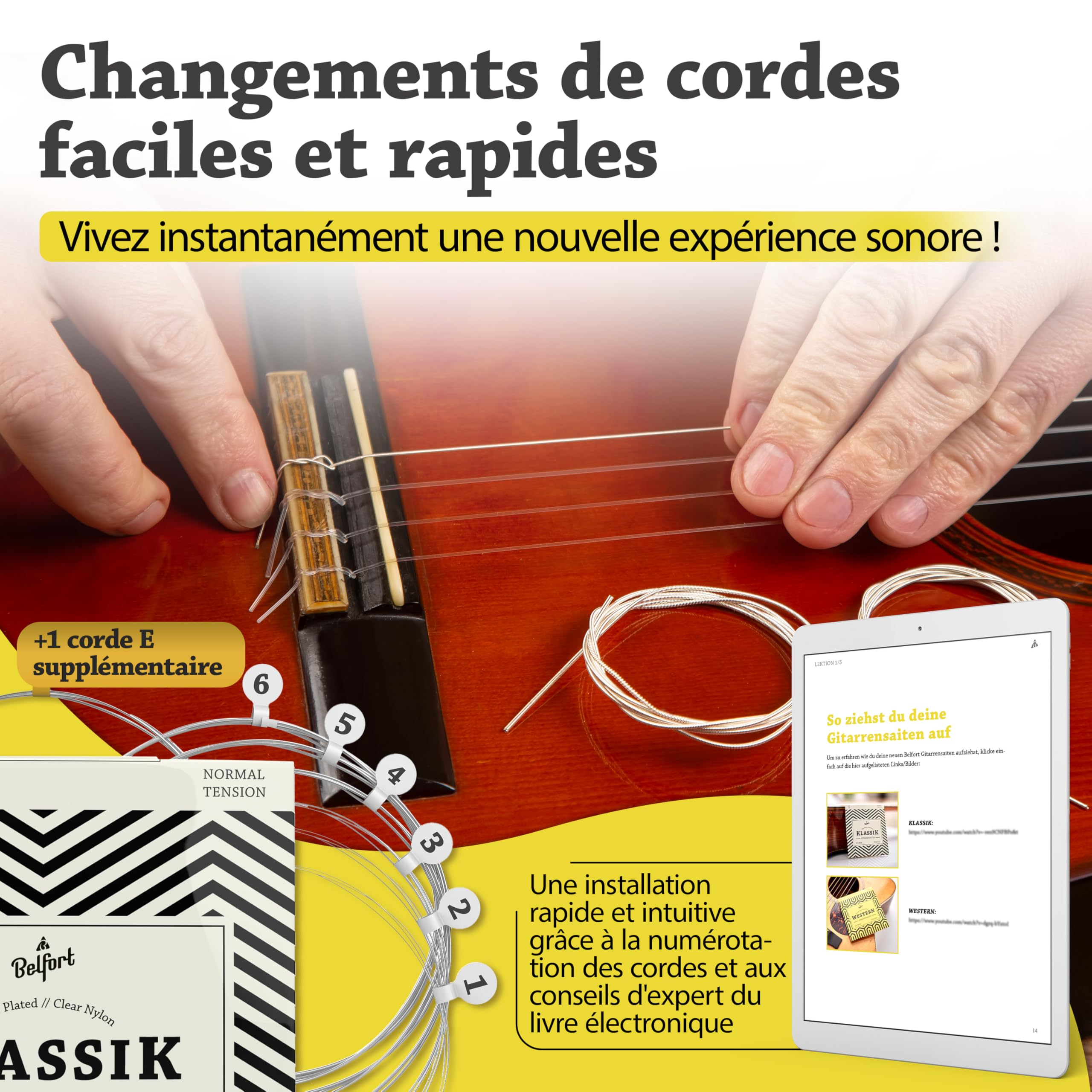 Belfort Cordes de Guitare haute Cordes pour Guitare Classique et guitare de concert pour I Kit de 6 cordes I silberumwobene Cordes en nylon I Bonus : gratuits eBook + 3 médiators - BF//C86