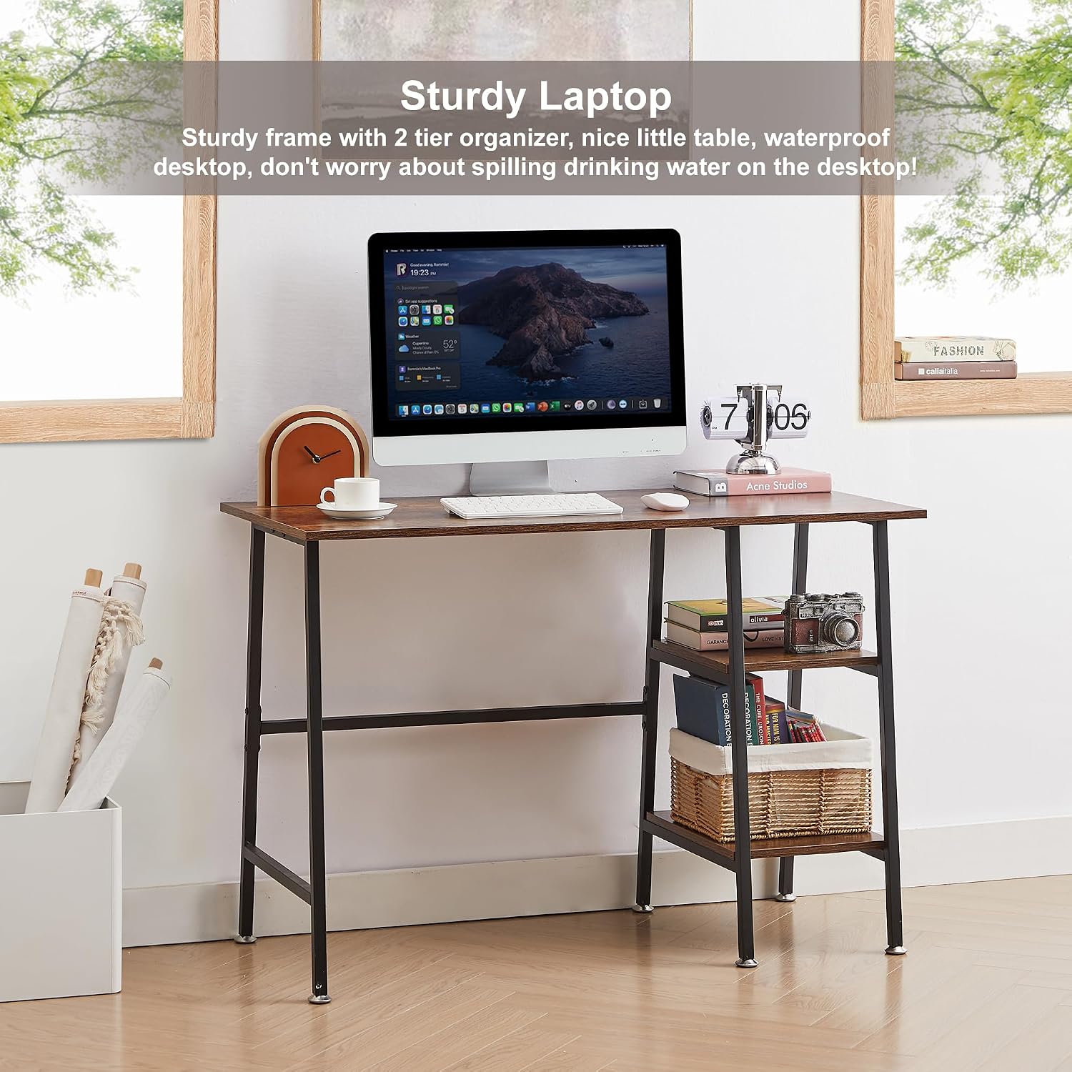 VECELO desk with a monitor, keyboard, and various office items, showcasing its sturdy frame and two-tier organizer.